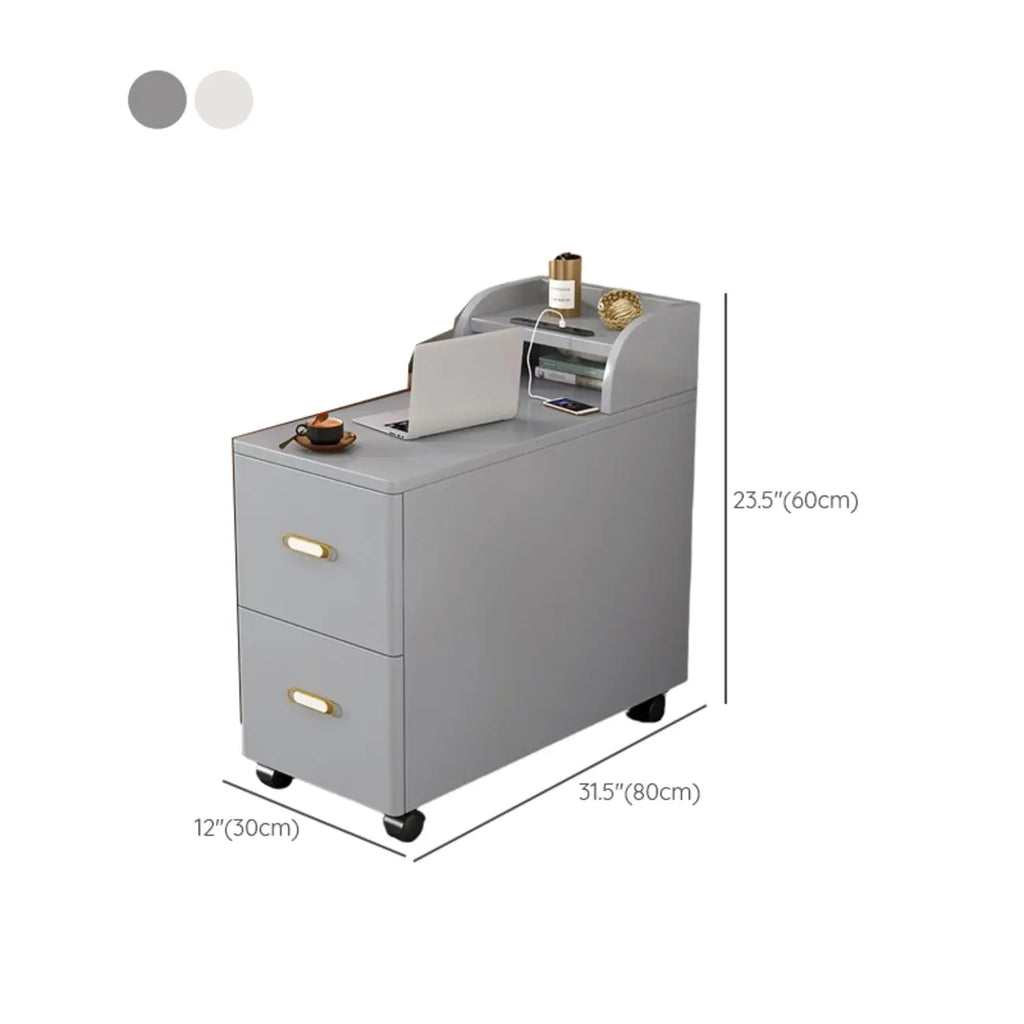 Narrow Rolling White 2-Drawer End Table with USB Charge