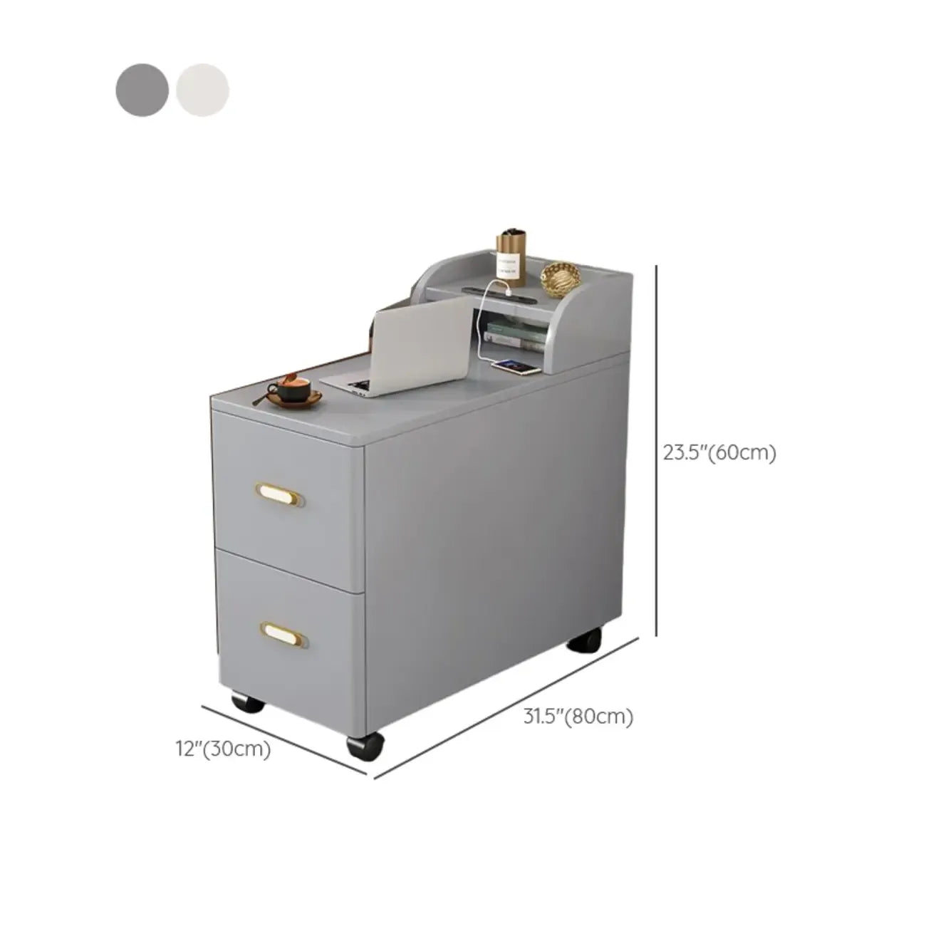 Narrow Rolling White 2-Drawer End Table with USB Charge