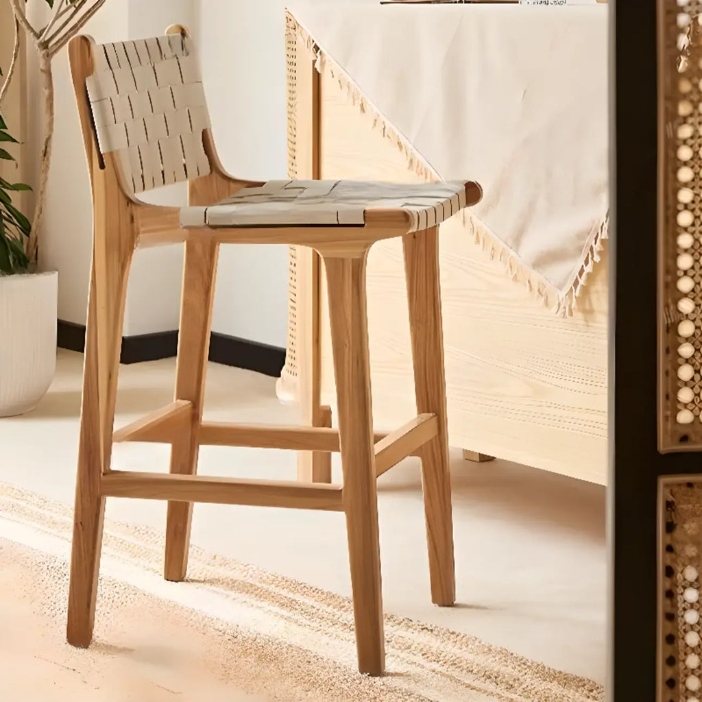 Rustic Faux Leather Wooden Woven Bar Stool