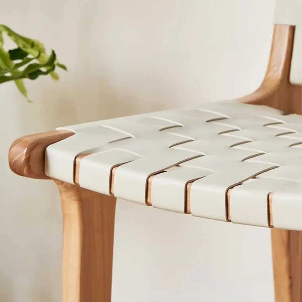Rustic Faux Leather Wooden Woven Bar Stool