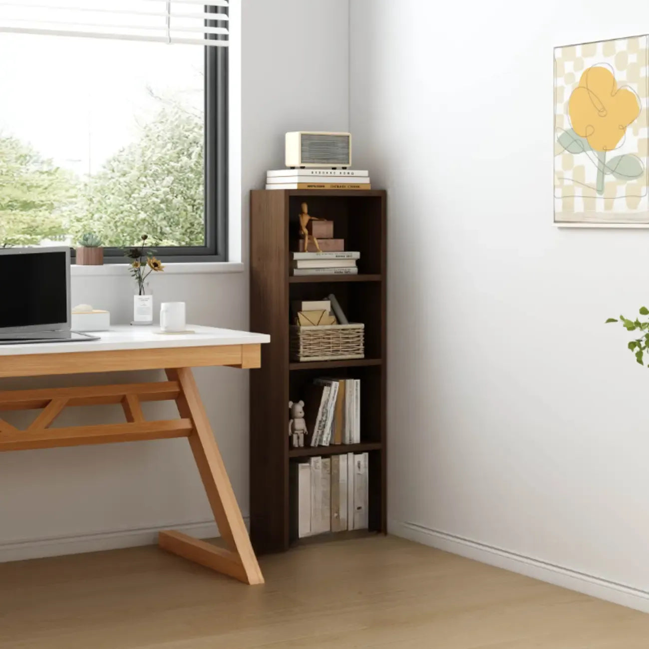 Compact Tall Modern Wooden 5-Tier Corner Bookcase
