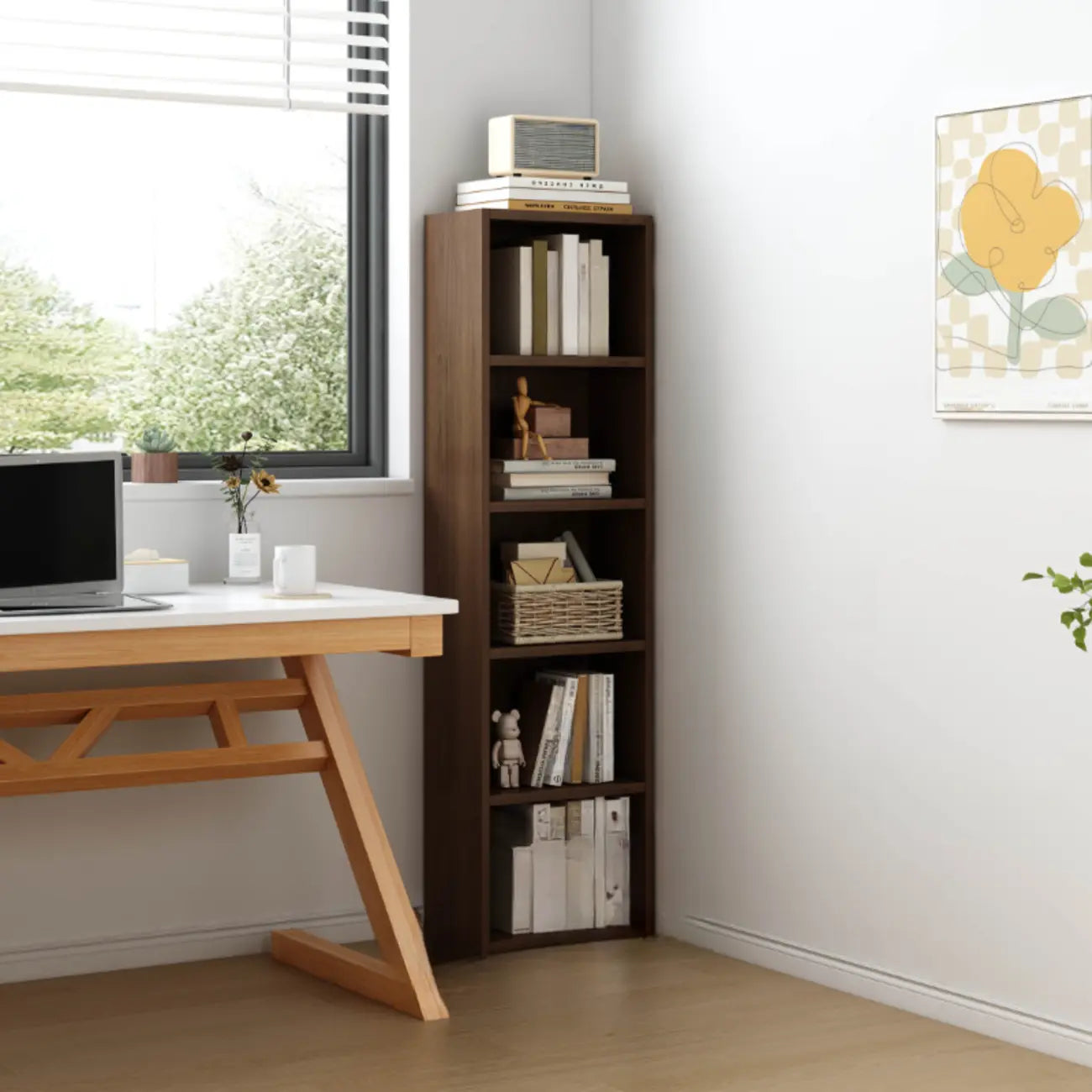 Compact Tall Modern Wooden 5-Tier Corner Bookcase
