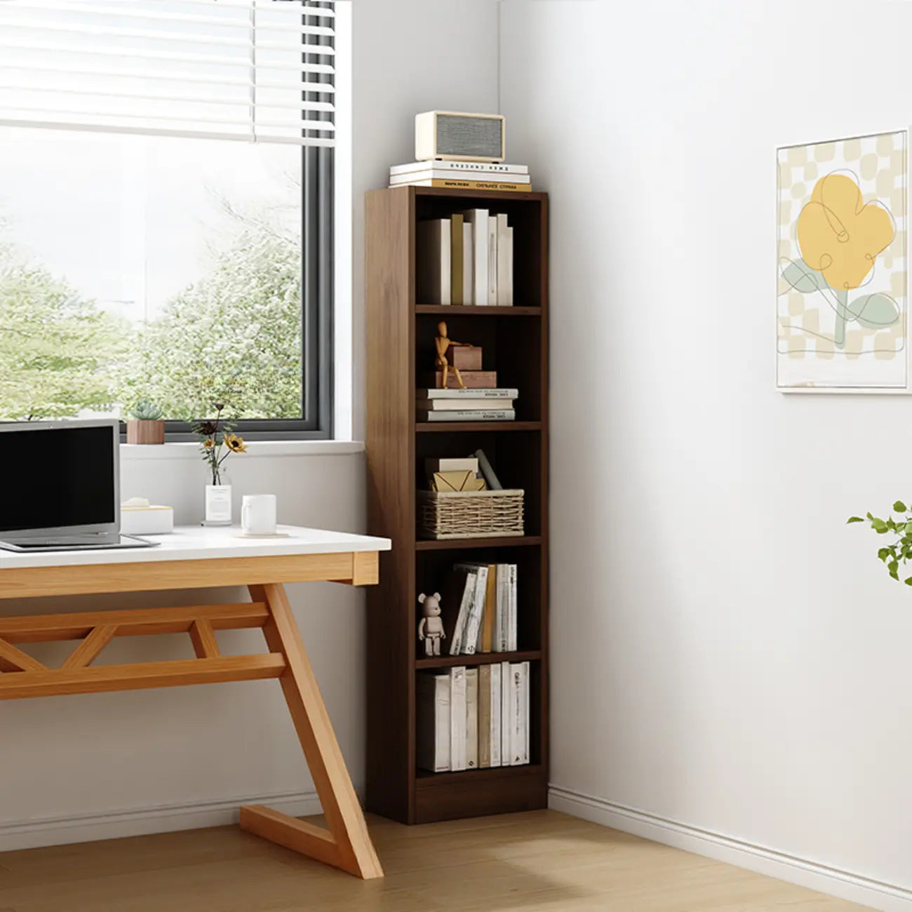 Compact Tall Modern Wooden 5-Tier Corner Bookcase