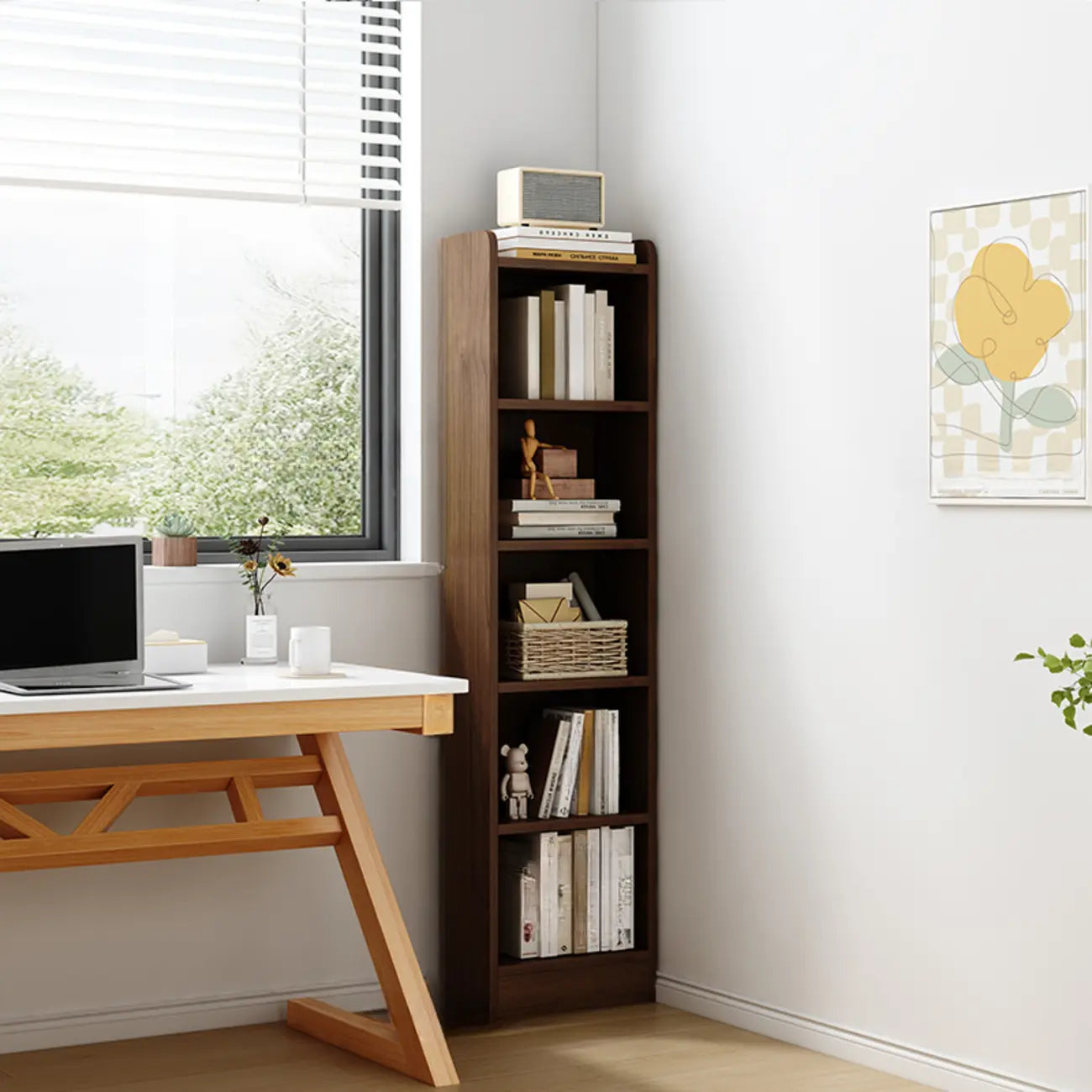 Compact Tall Modern Wooden 5-Tier Corner Bookcase