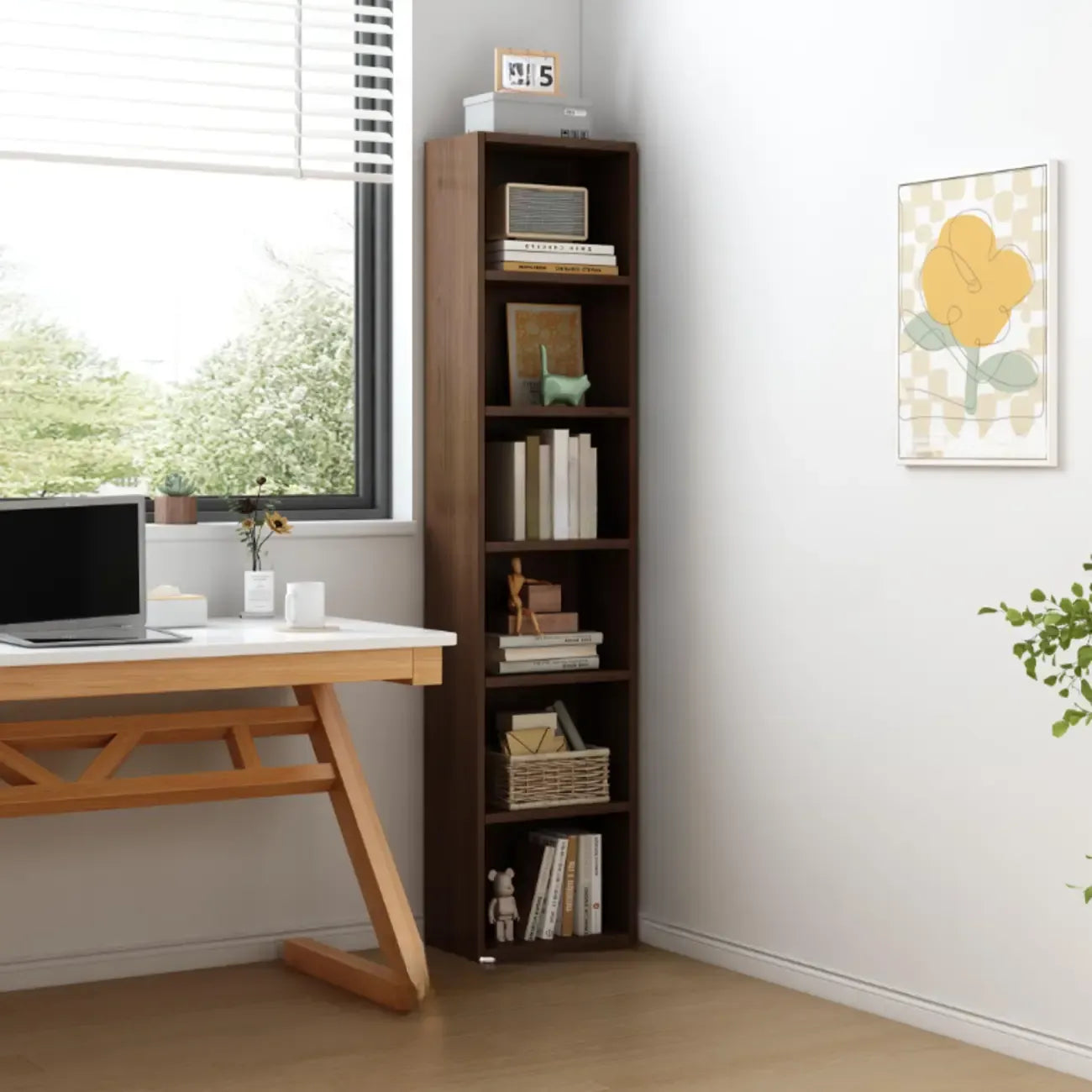 Compact Tall Modern Wooden 5-Tier Corner Bookcase