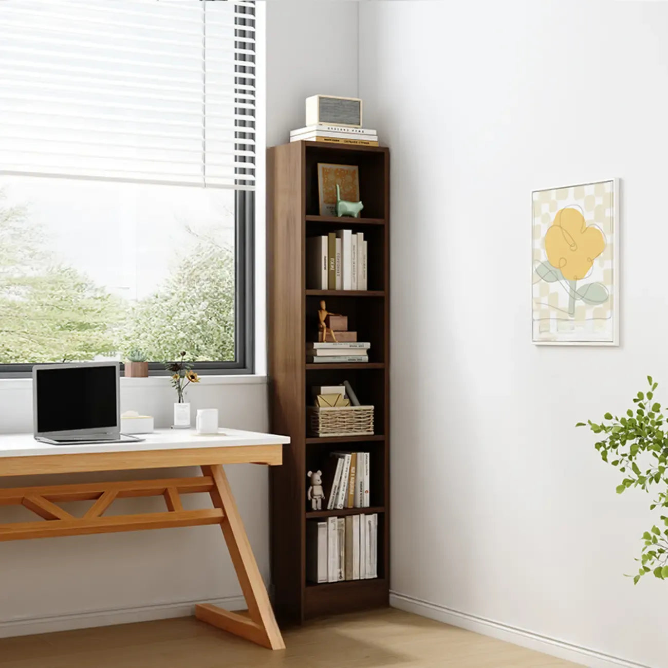 Compact Tall Modern Wooden 5-Tier Corner Bookcase