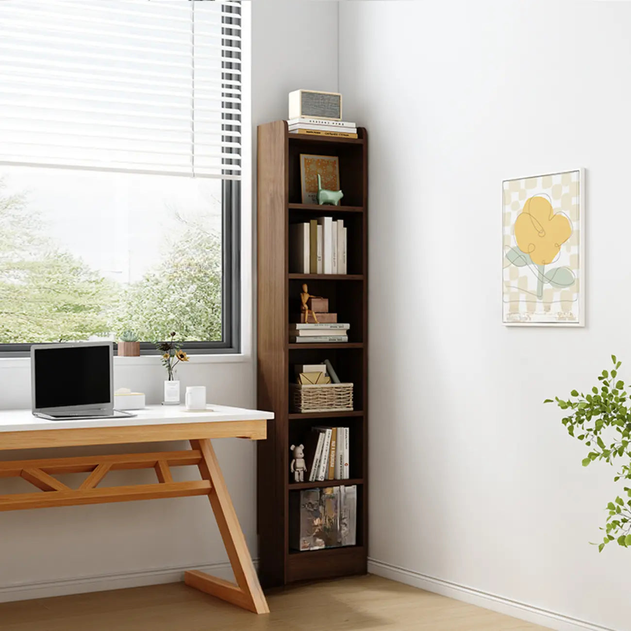 Compact Tall Modern Wooden 5-Tier Corner Bookcase