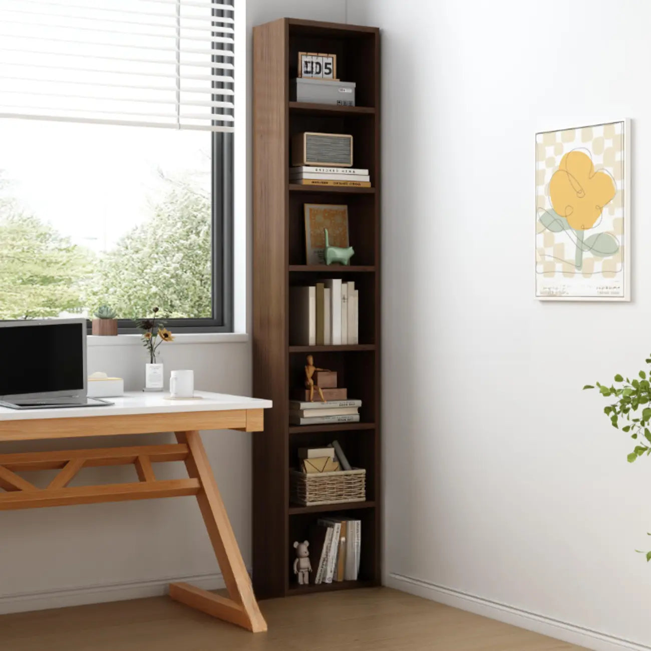 Compact Tall Modern Wooden 5-Tier Corner Bookcase