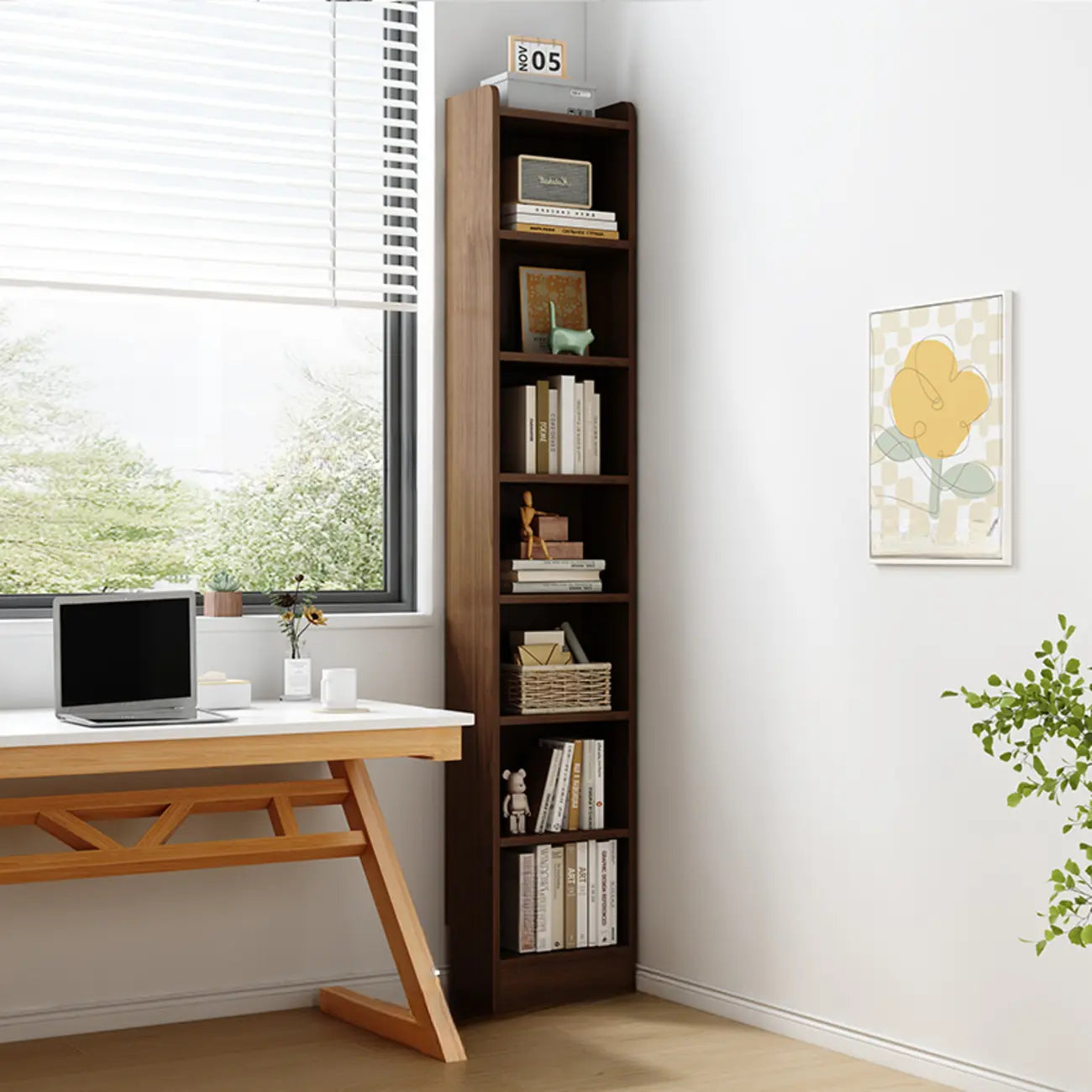 Compact Tall Modern Wooden 5-Tier Corner Bookcase