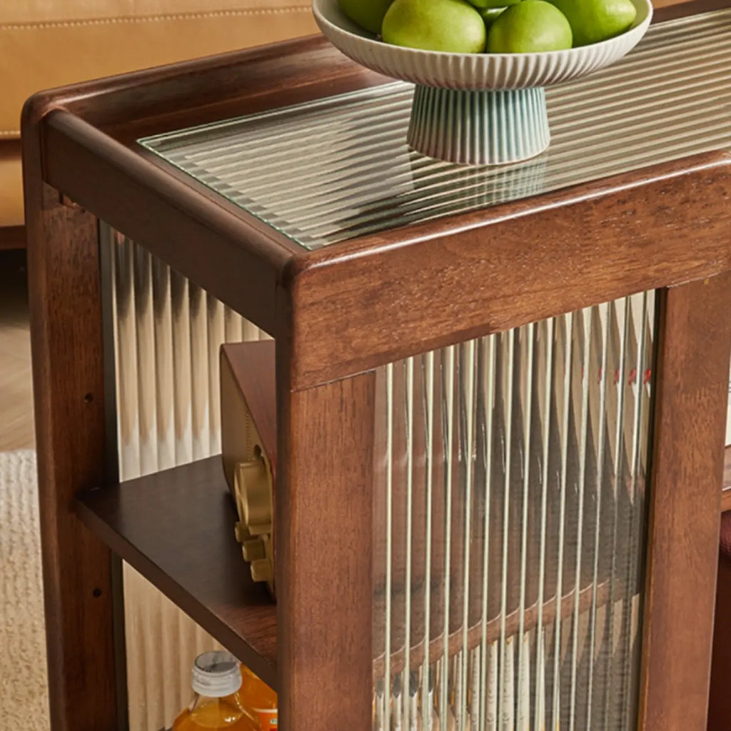 Vintage Wooden Rectangular Swivel Side Table with Glass Top
