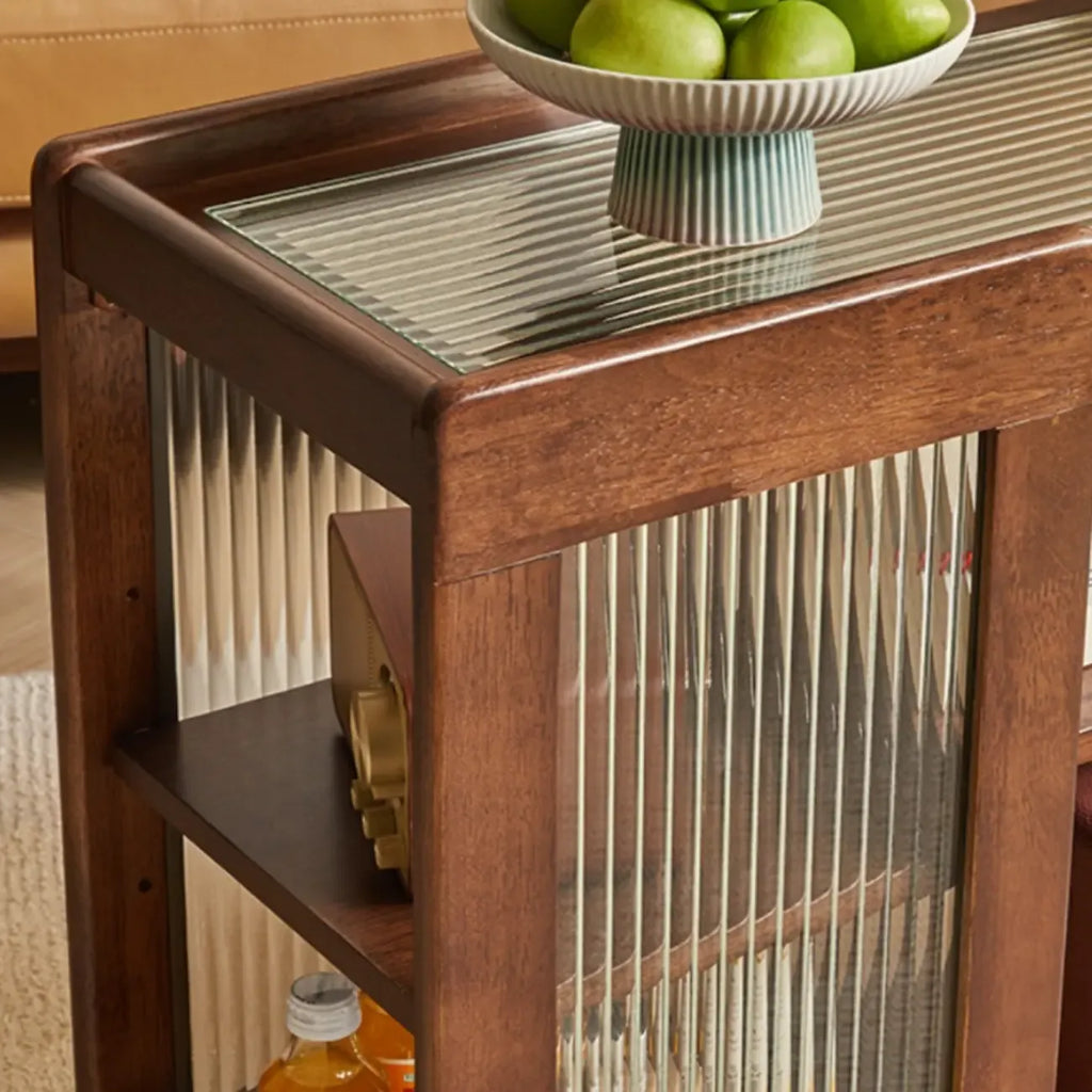 Vintage Wooden Rectangular Swivel Side Table with Glass Top