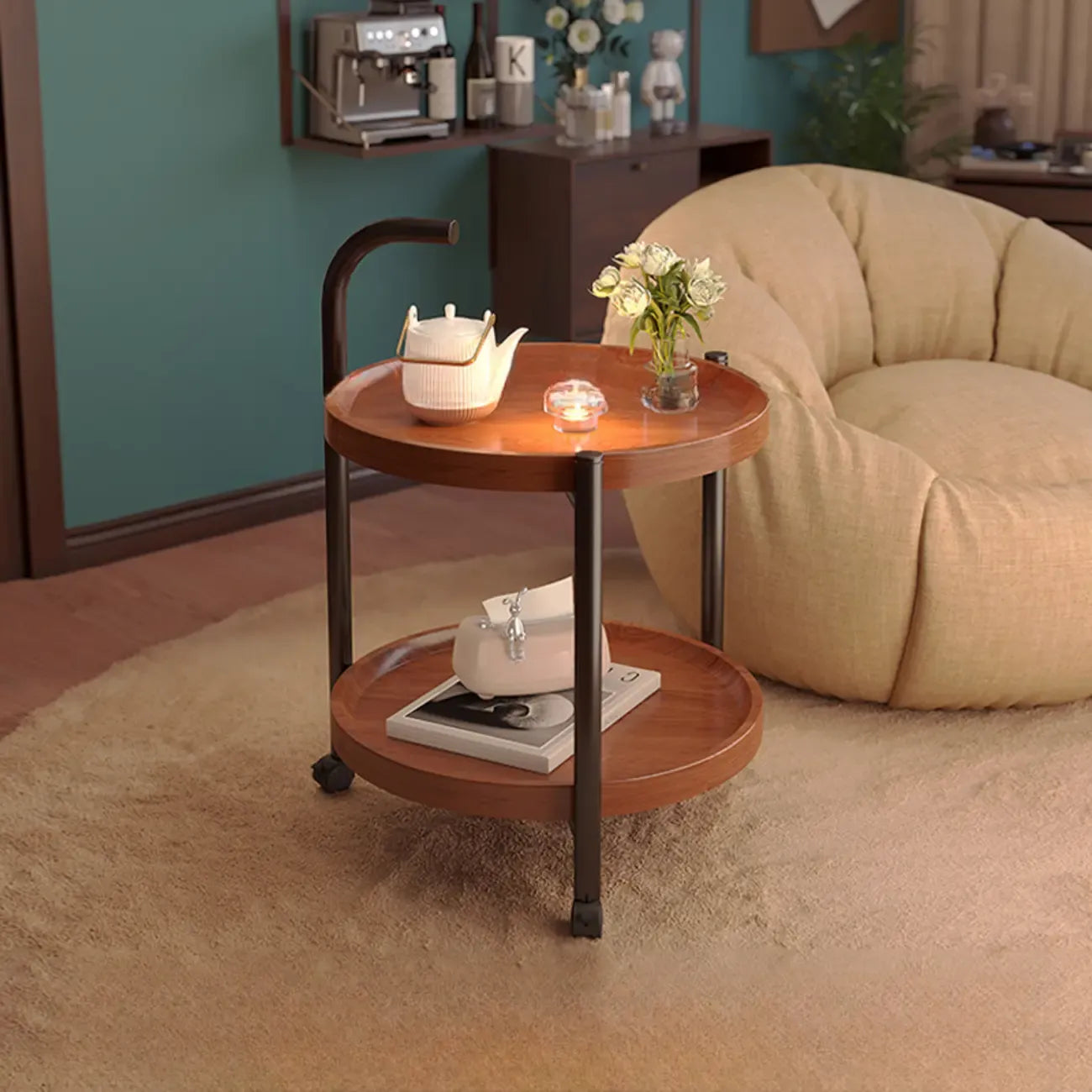 Modern Round 2-Tier Wooden End Table with Storage