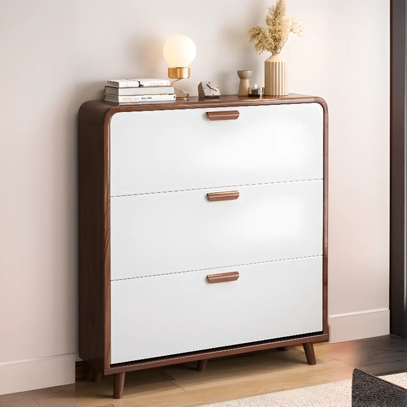 Traditional Hidden Adjustable 3 Tiers Solid Wood Shoe Cabinet