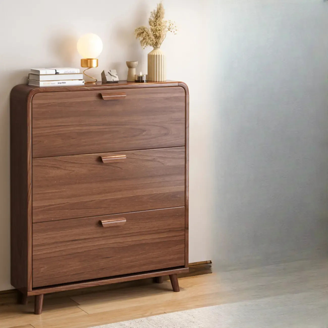 Traditional Hidden Adjustable 3 Tiers Solid Wood Shoe Cabinet