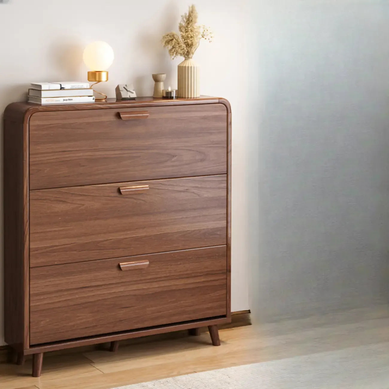 Traditional Hidden Adjustable 3 Tiers Solid Wood Shoe Cabinet