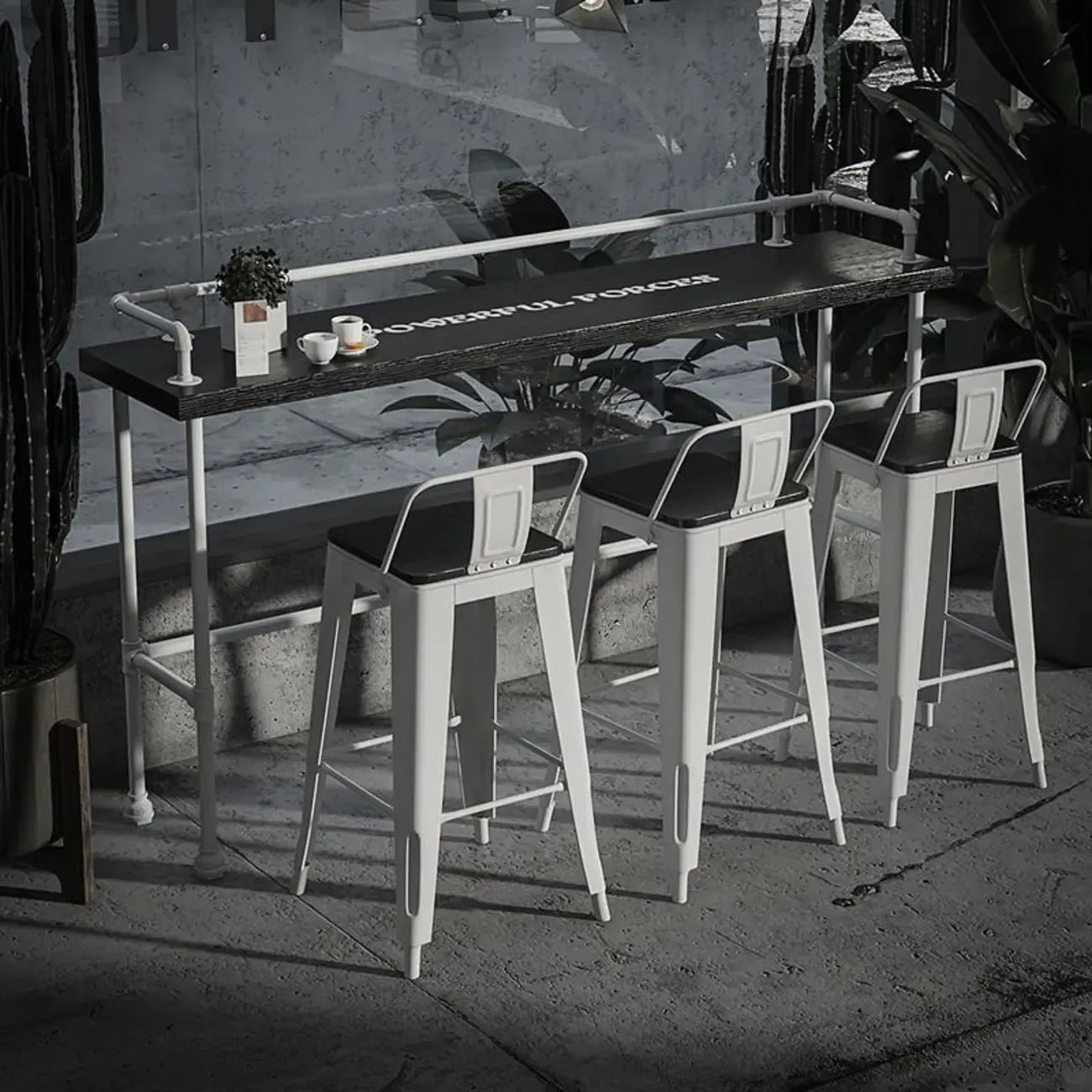 Rectangular Black Wood White Metal Four-Legged Bar Table Seat of 4