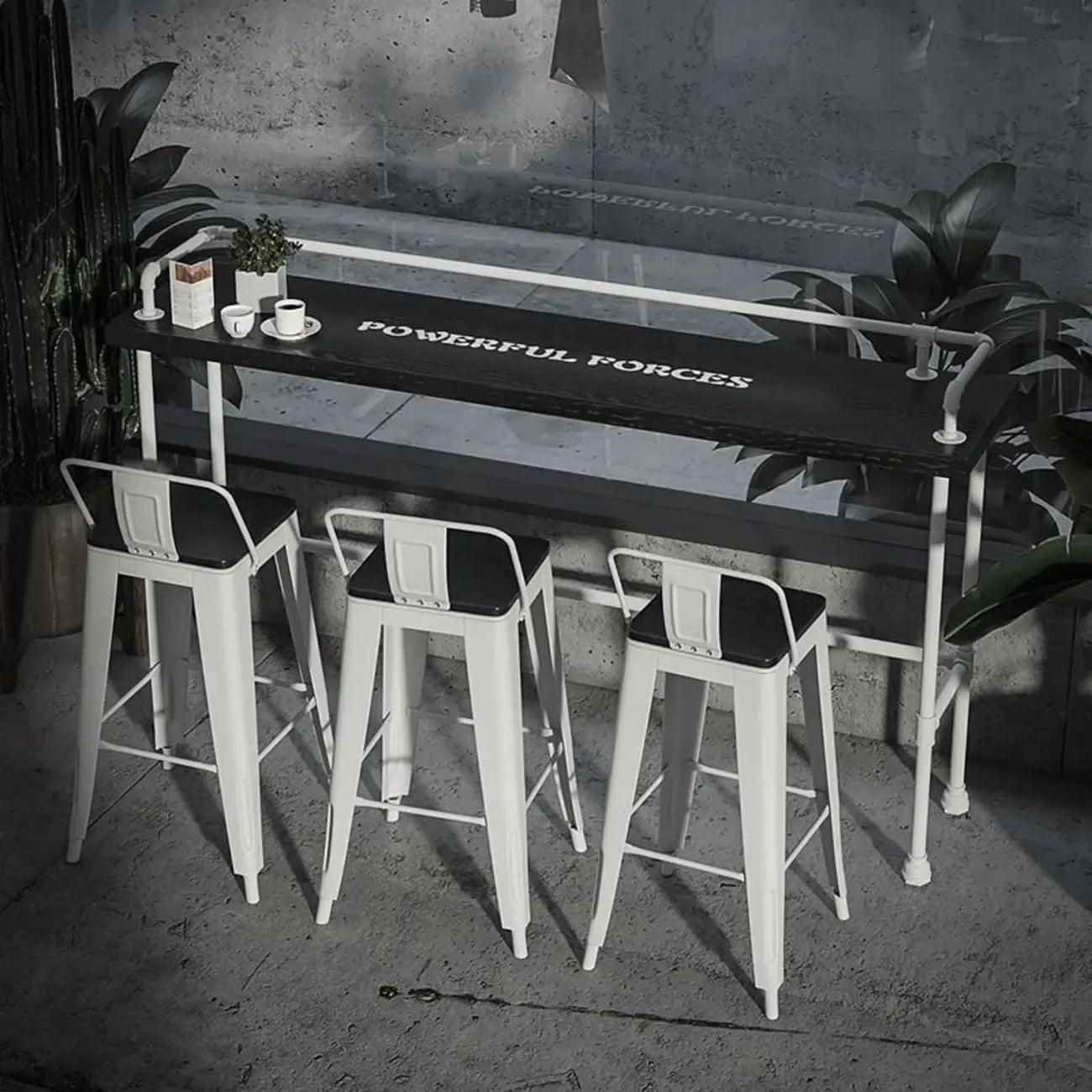 Rectangular Black Wood White Metal Four-Legged Bar Table Seat of 4