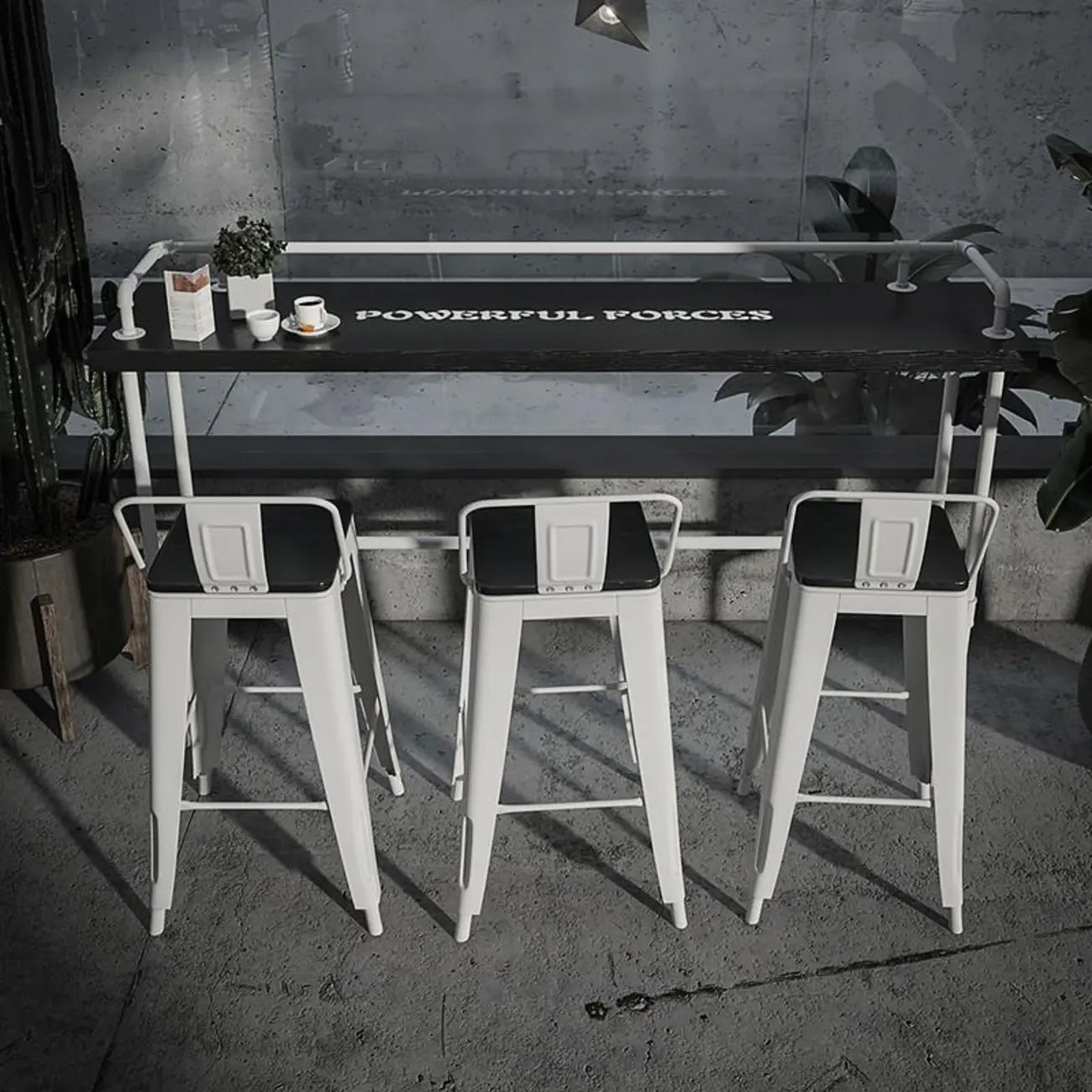 Rectangular Black Wood White Metal Four-Legged Bar Table Seat of 4