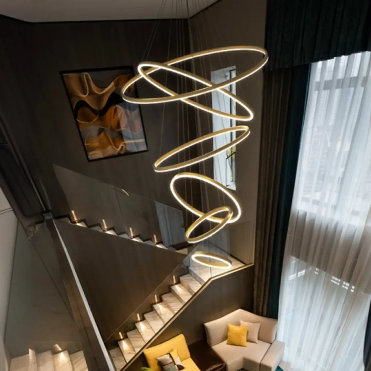 Circle Modern Tiered Remote LED Ring Chandelier for Stairway