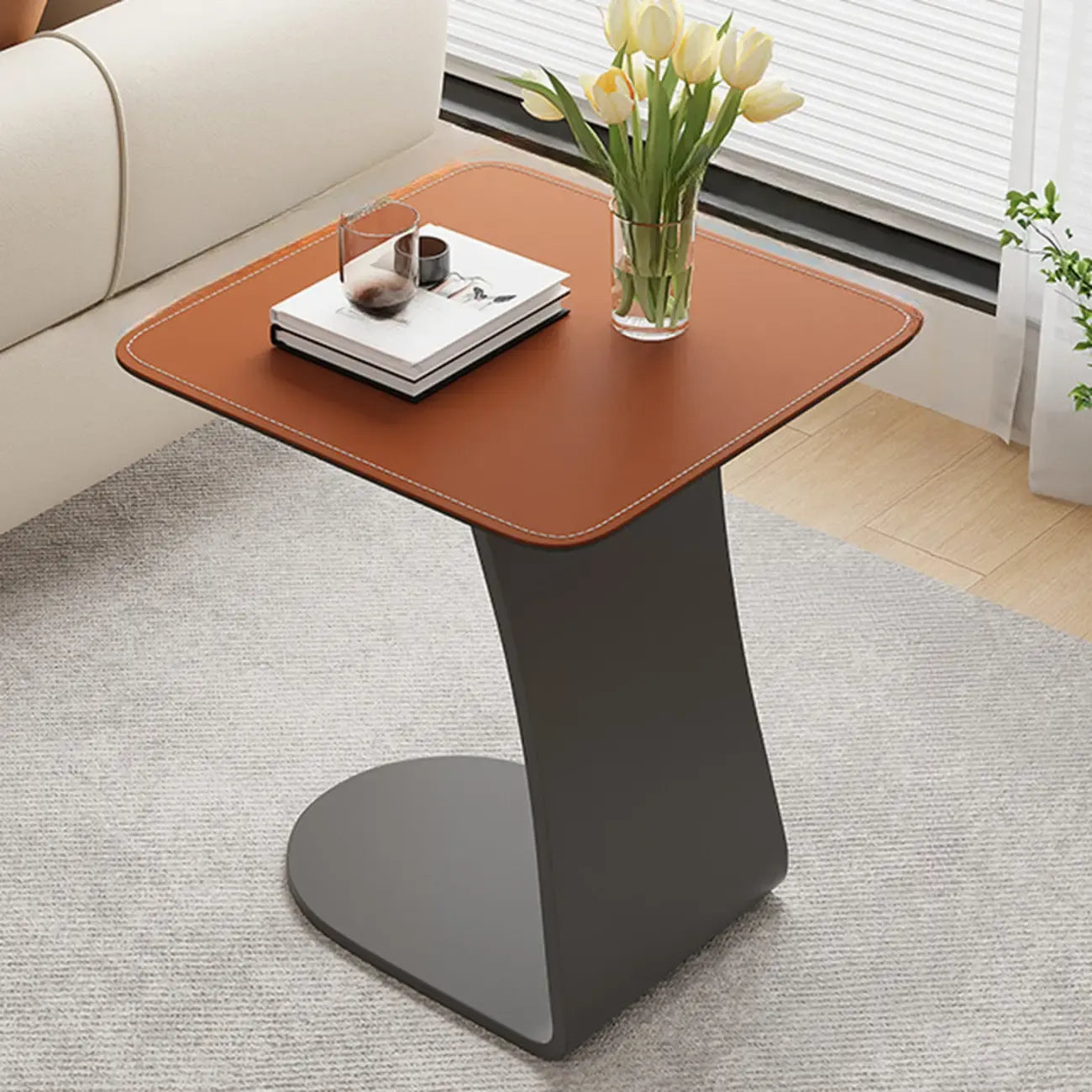 HomeyFad Square Leather Top C-Shape Metal Side Table