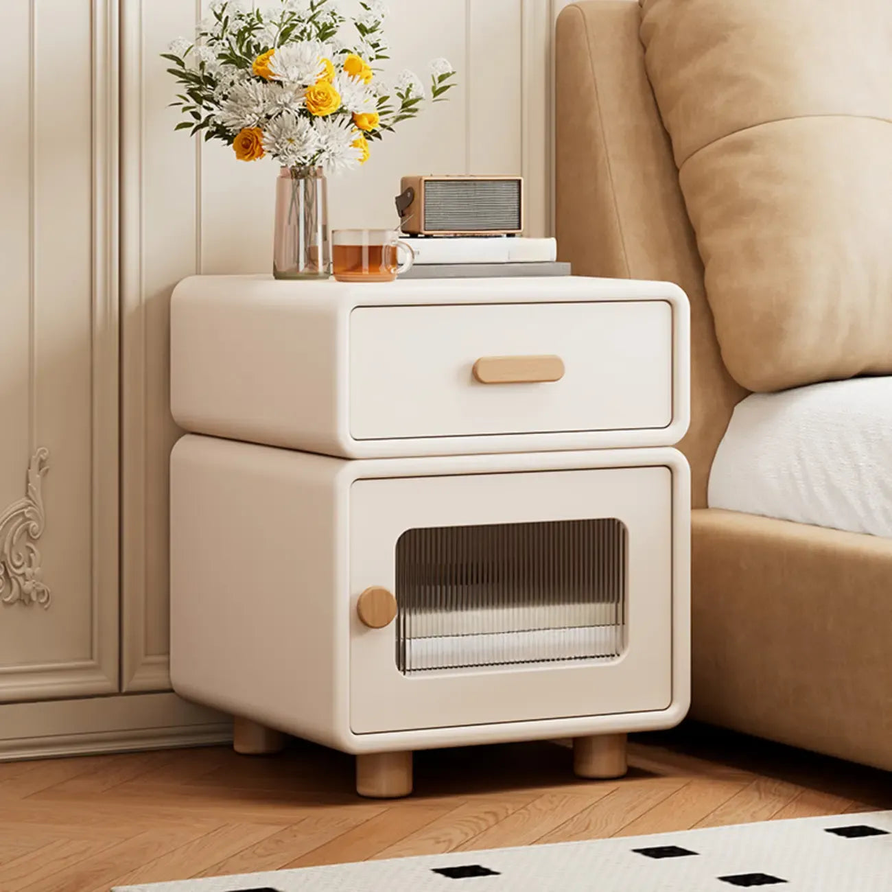 Durable Sleek Edge Wood Cream Bedside Cabinet Nightstand