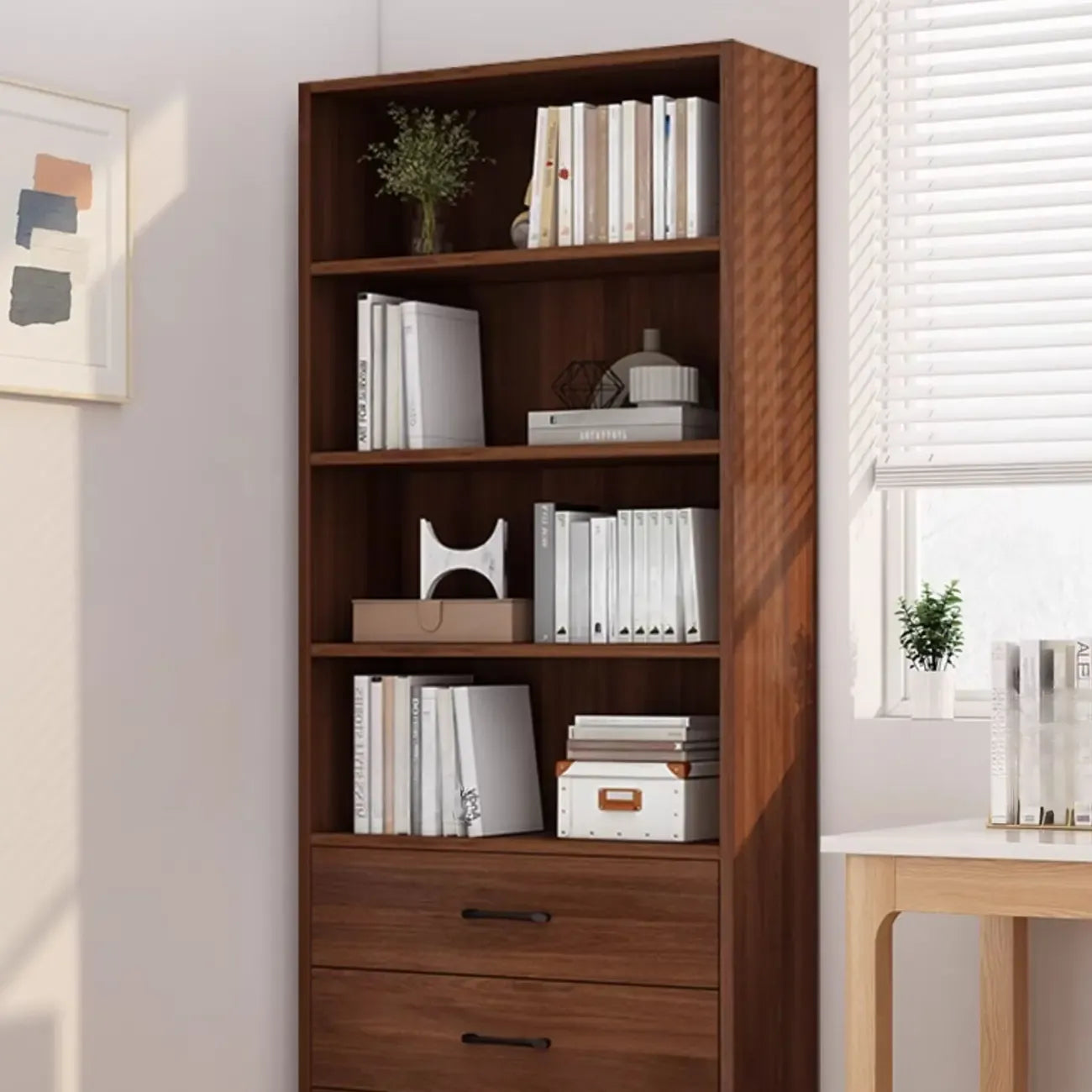 Classic Brown Wooden Vertical 3 Drawers Storage Bookcase