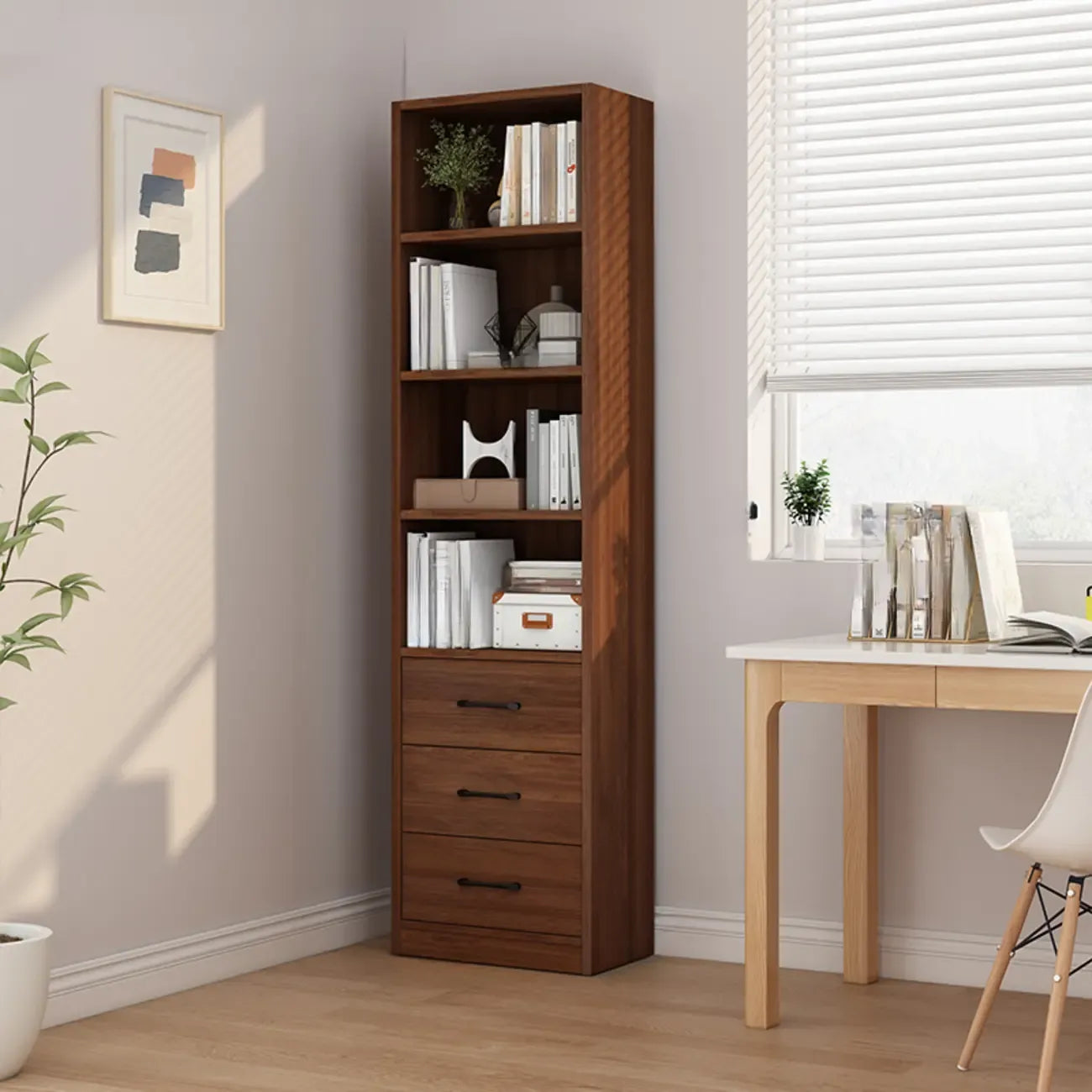Classic Brown Wooden Vertical 3 Drawers Storage Bookcase