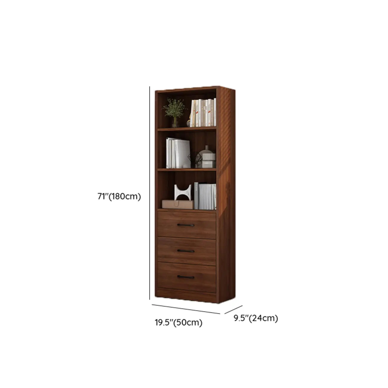 Classic Brown Wooden Vertical 3 Drawers Storage Bookcase