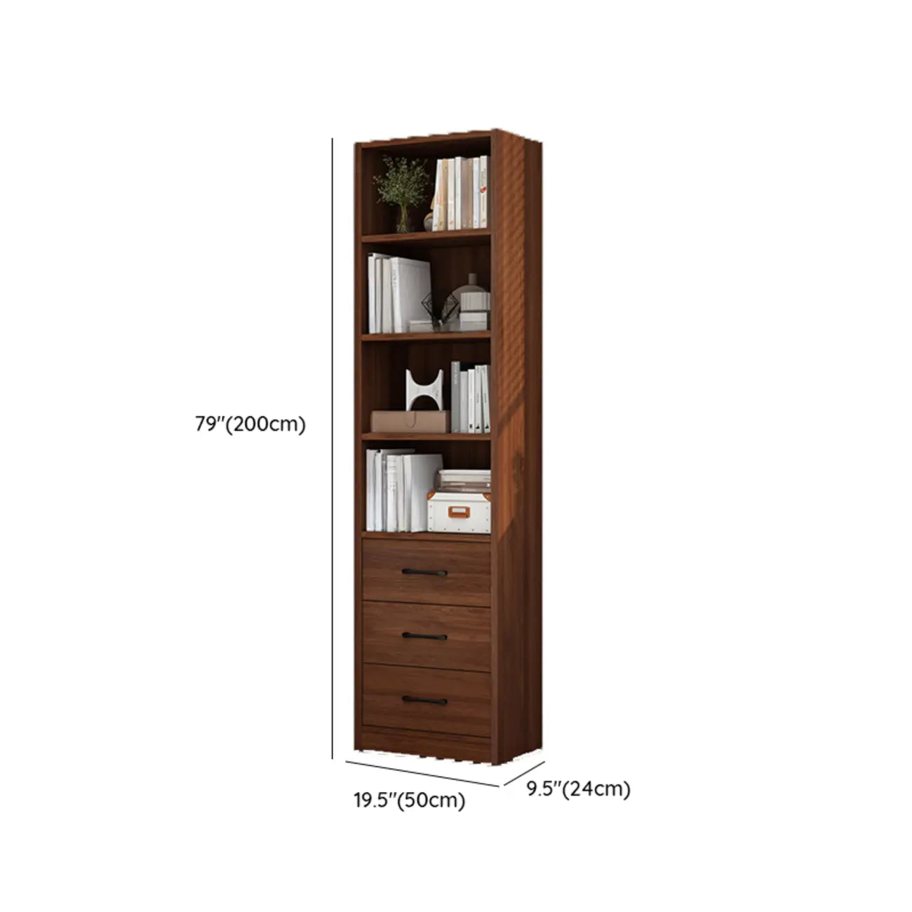 Classic Brown Wooden Vertical 3 Drawers Storage Bookcase