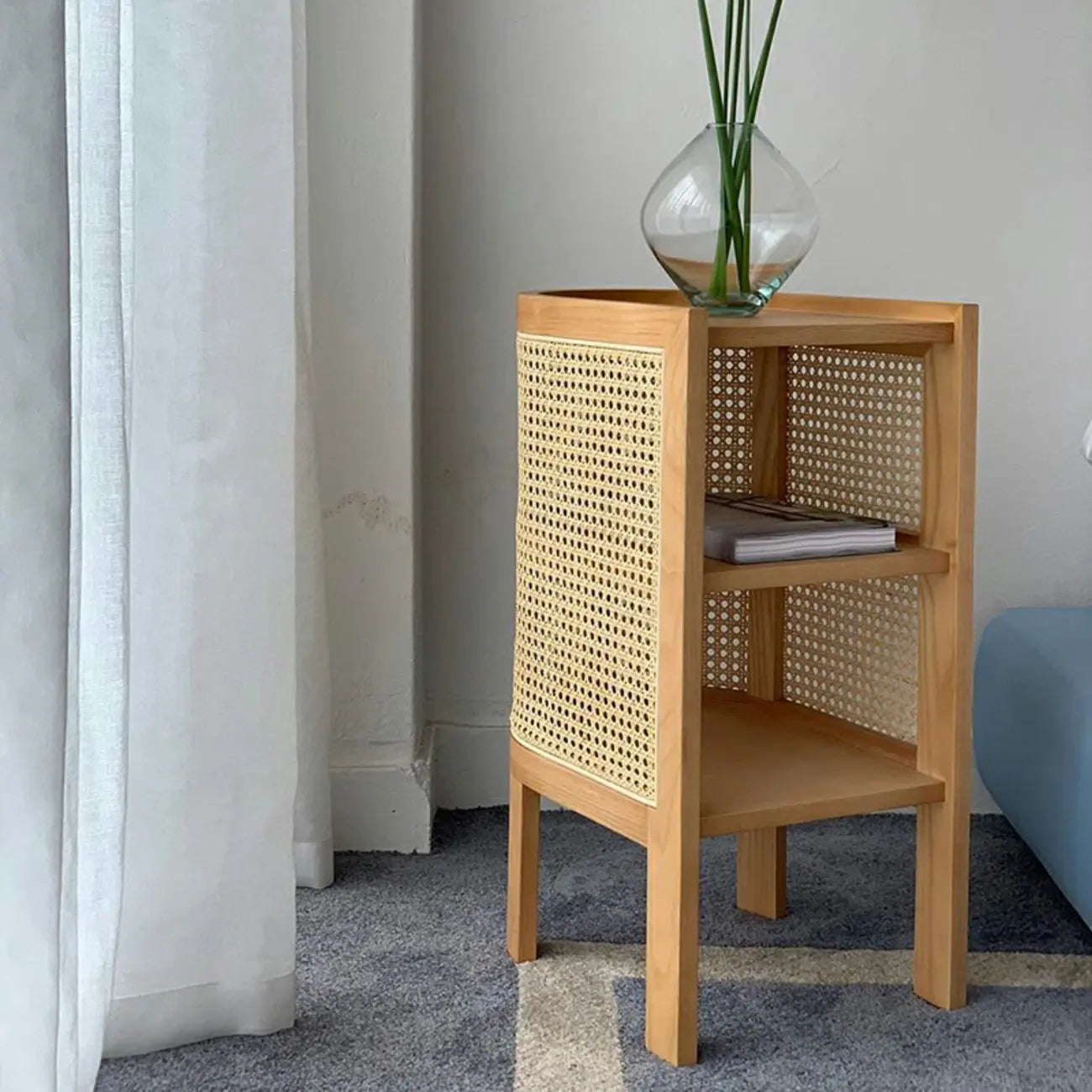 Small Natural Wood Rattan Panels End Table with Storage