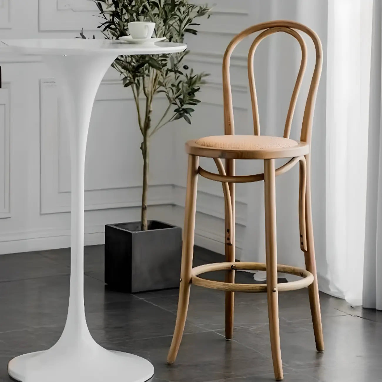 Walnut Beech Wood Leather Seat Bar Stools with Back