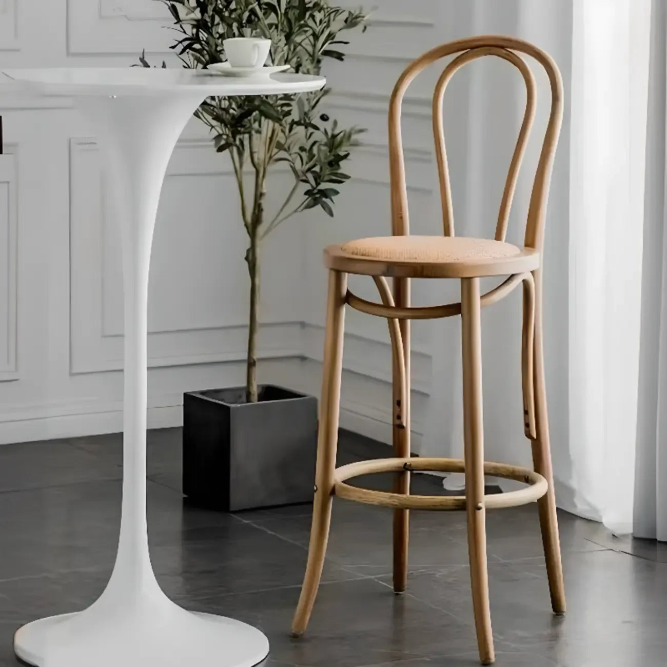 Walnut Beech Wood Leather Seat Bar Stools with Back