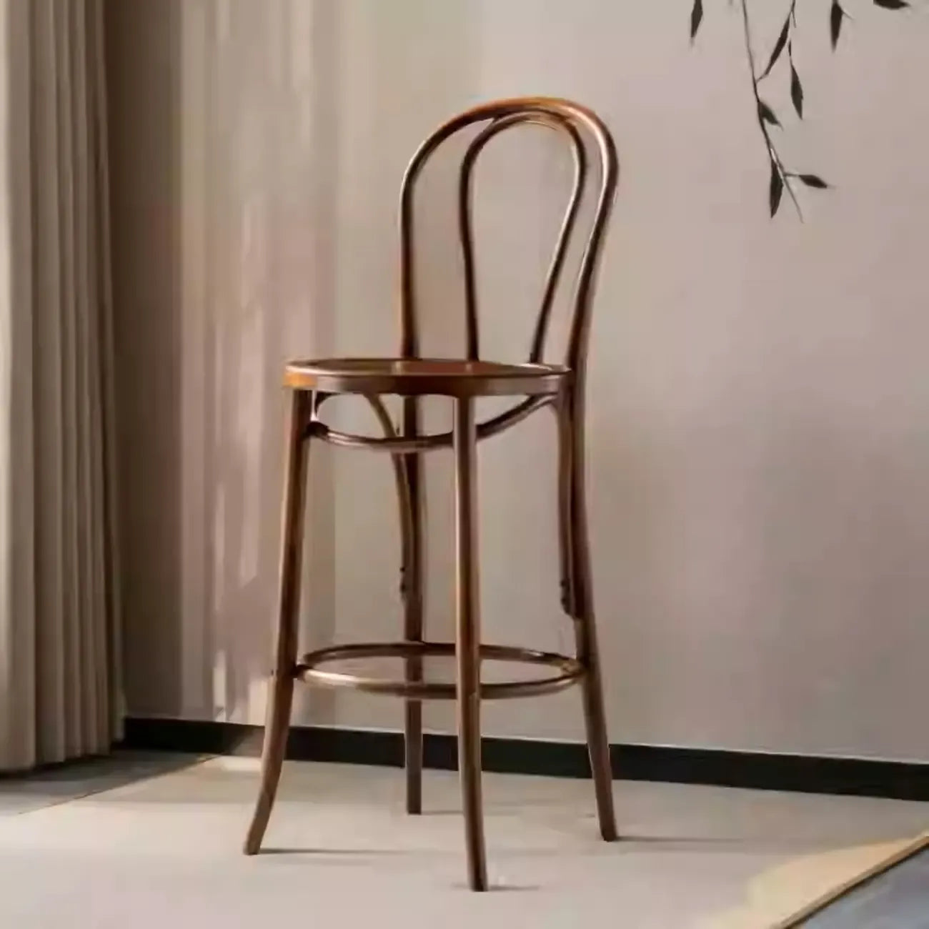 Walnut Beech Wood Leather Seat Bar Stools with Back