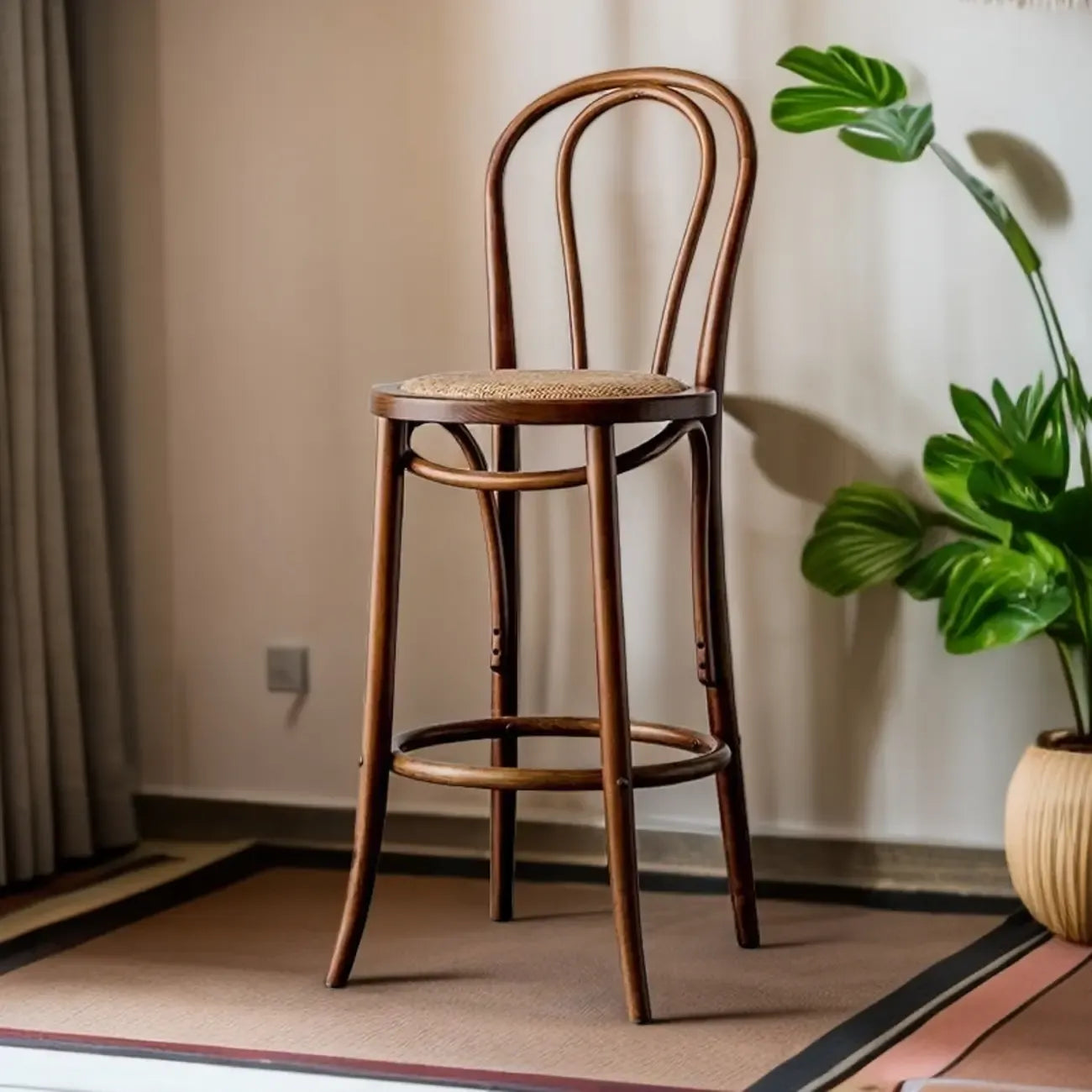 Walnut Beech Wood Leather Seat Bar Stools with Back