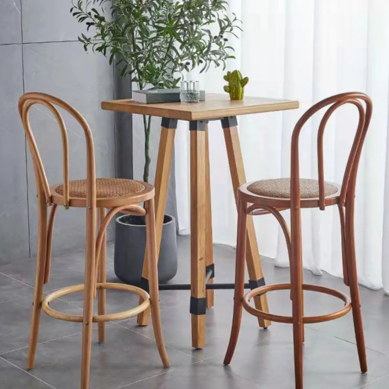 Walnut Beech Wood Leather Seat Bar Stools with Back