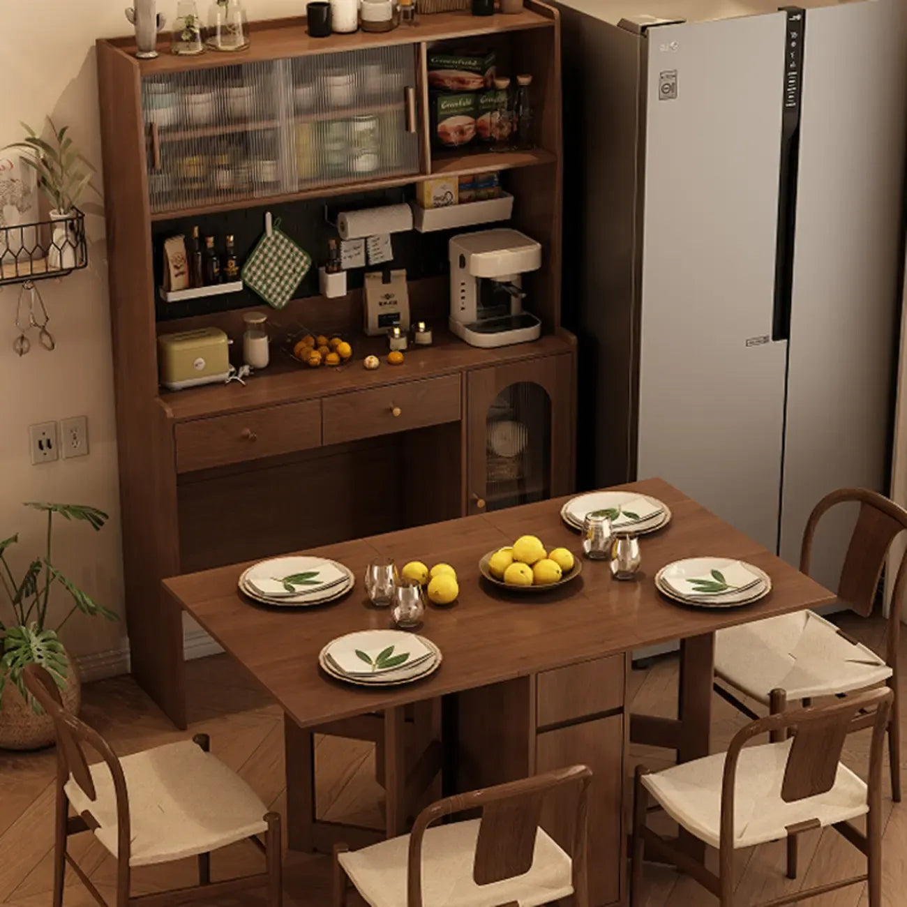 Space-Saving Brown 2-Drawer Wood Buffet Table Sliding Doors
