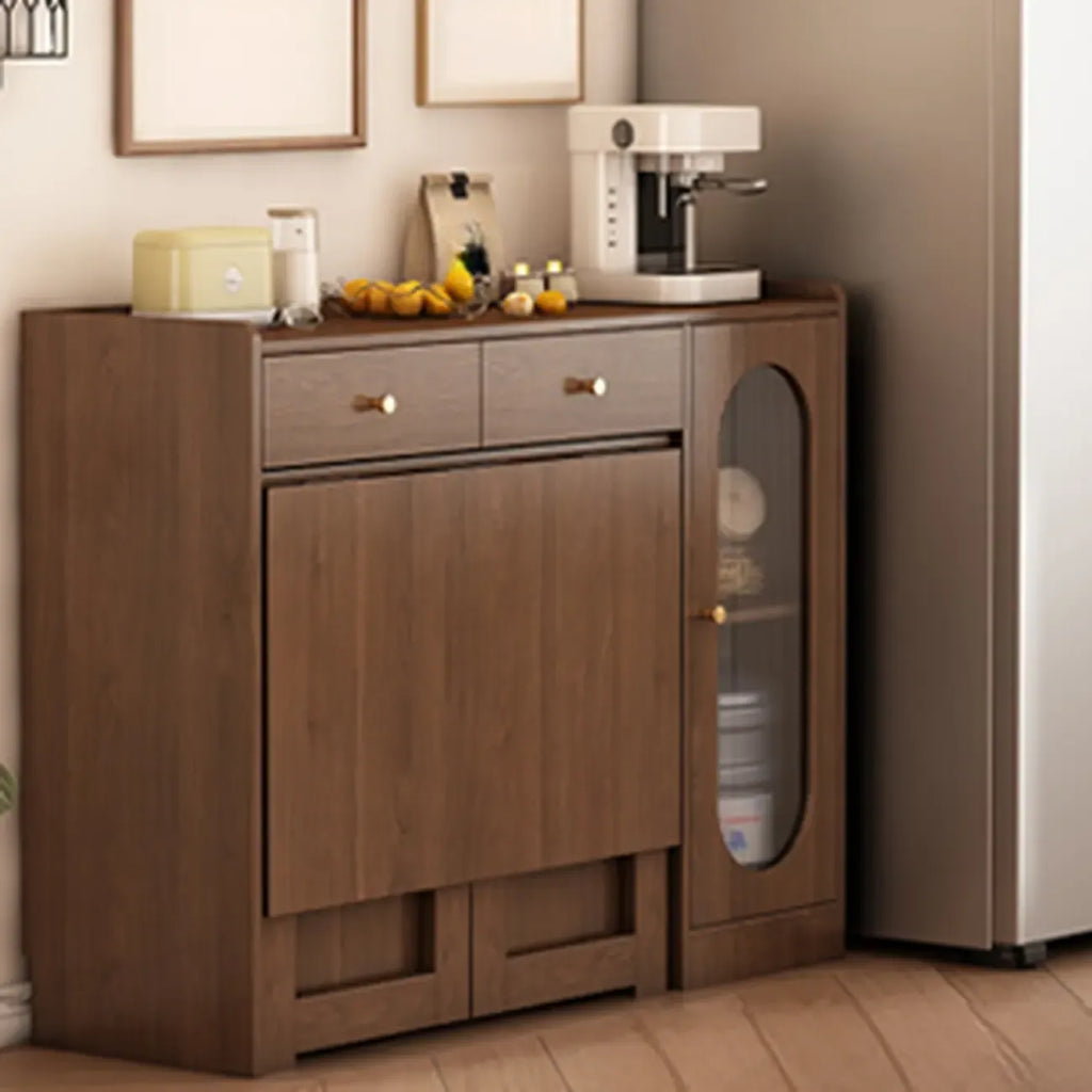 Space-Saving Brown 2-Drawer Wood Buffet Table Sliding Doors