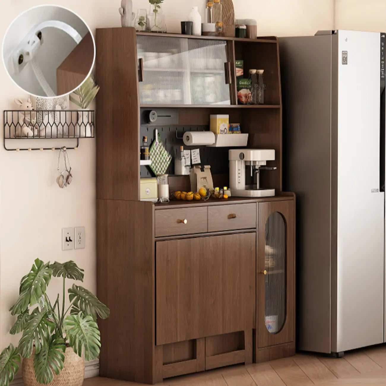 Space-Saving Brown 2-Drawer Wood Buffet Table Sliding Doors