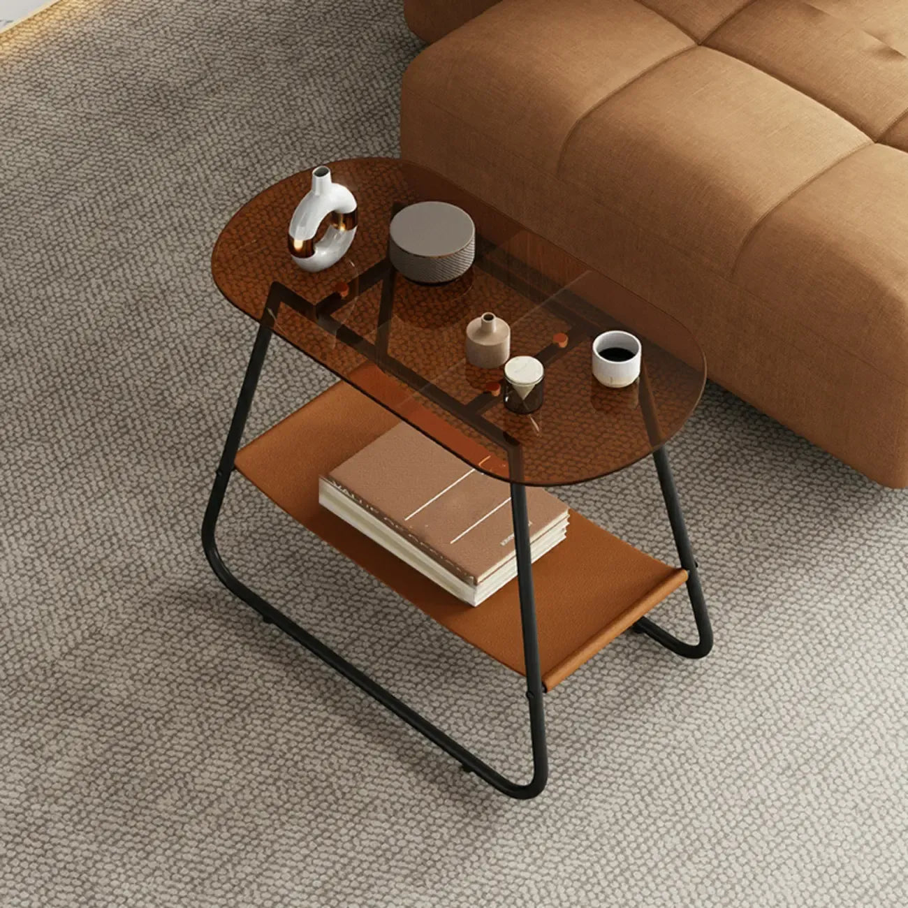 Brown Glass Top Oval Metal Frame Storage Side Table