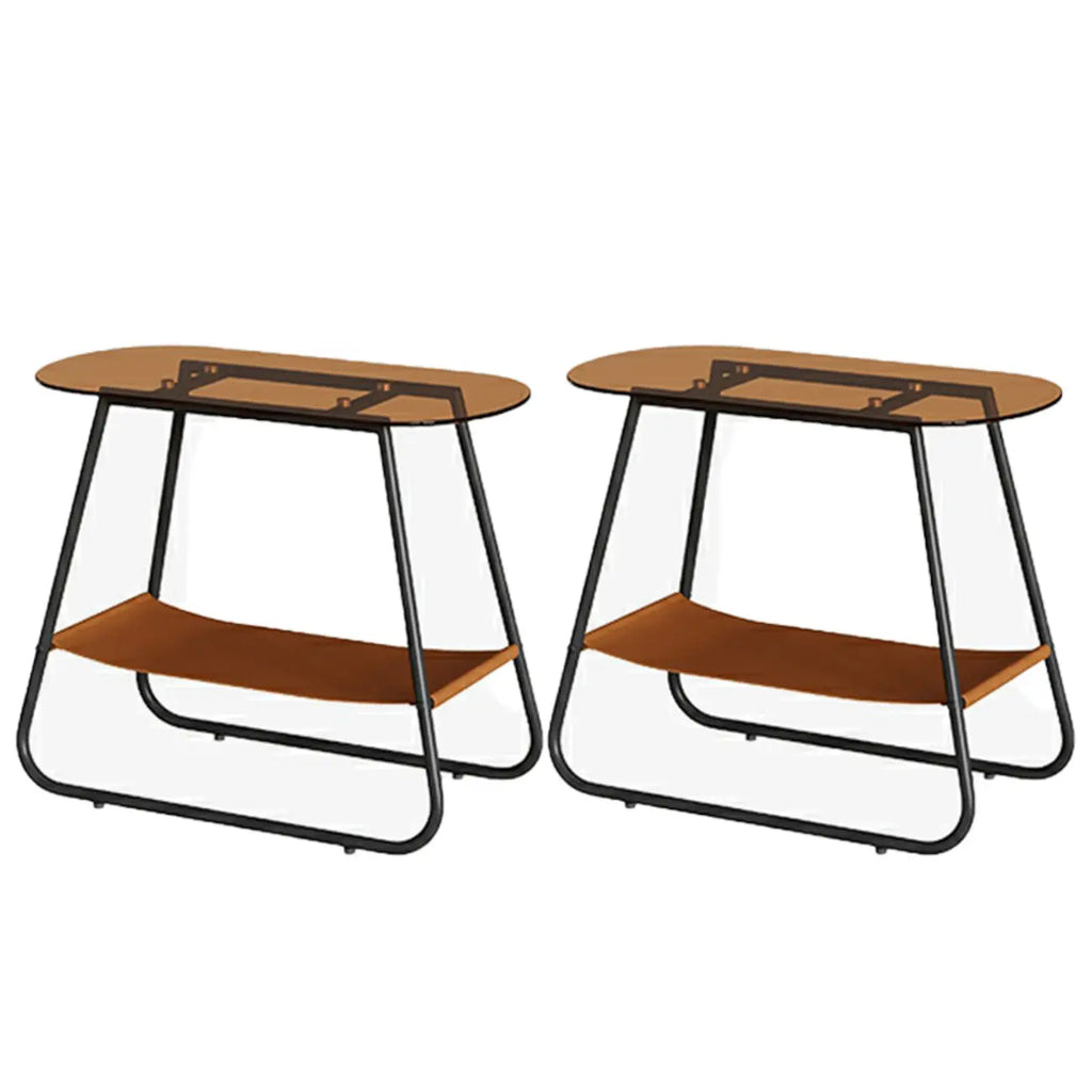 Brown Glass Top Oval Metal Frame Storage Side Table