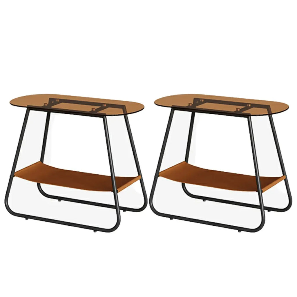 Brown Glass Top Oval Metal Frame Storage Side Table