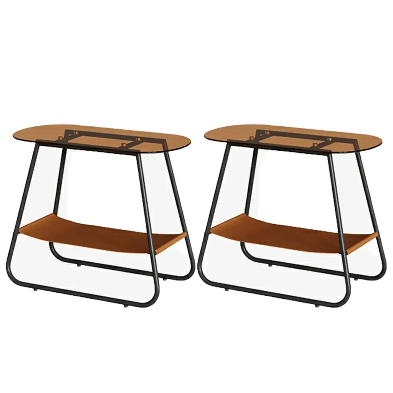Brown Glass Top Oval Metal Frame Storage Side Table