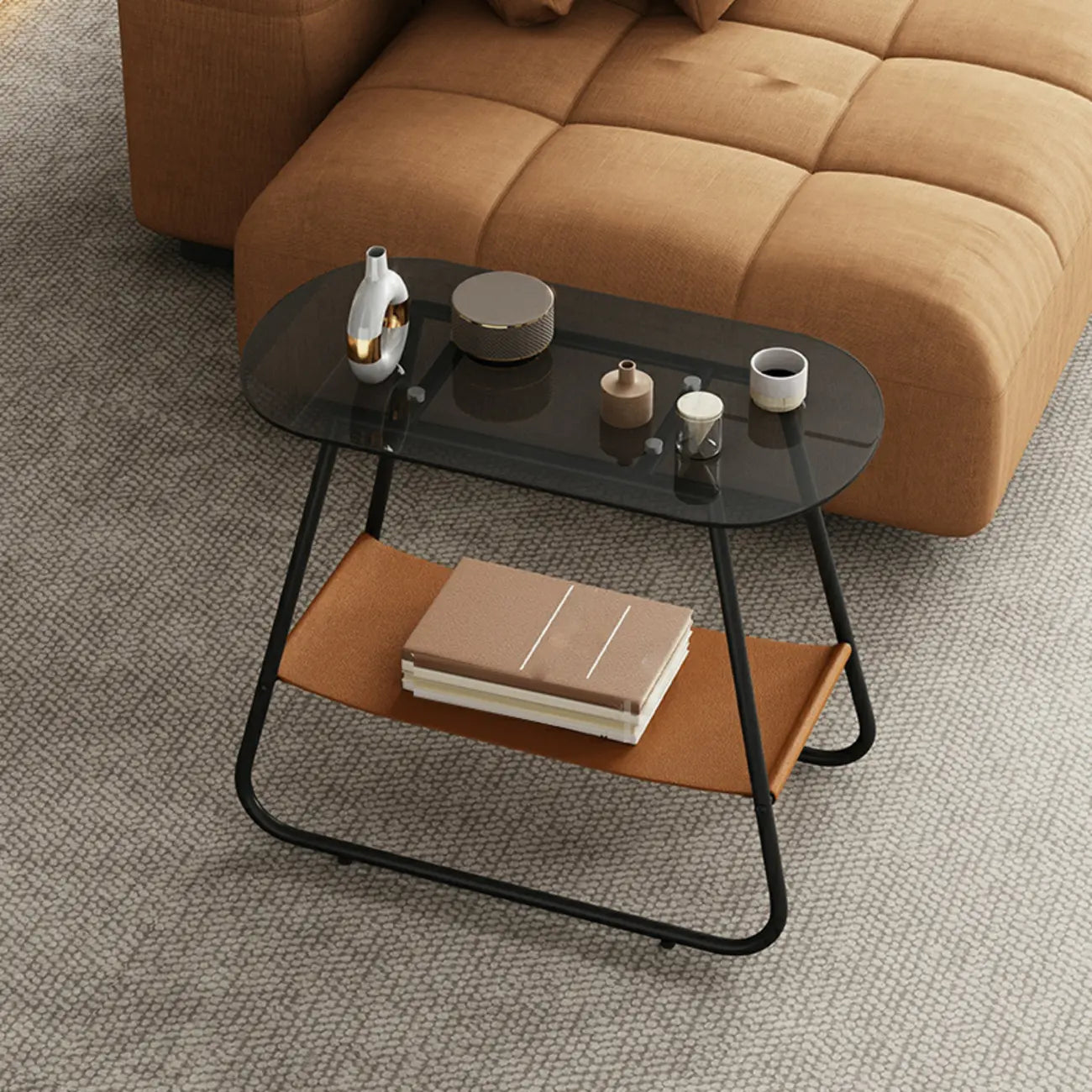 Brown Glass Top Oval Metal Frame Storage Side Table