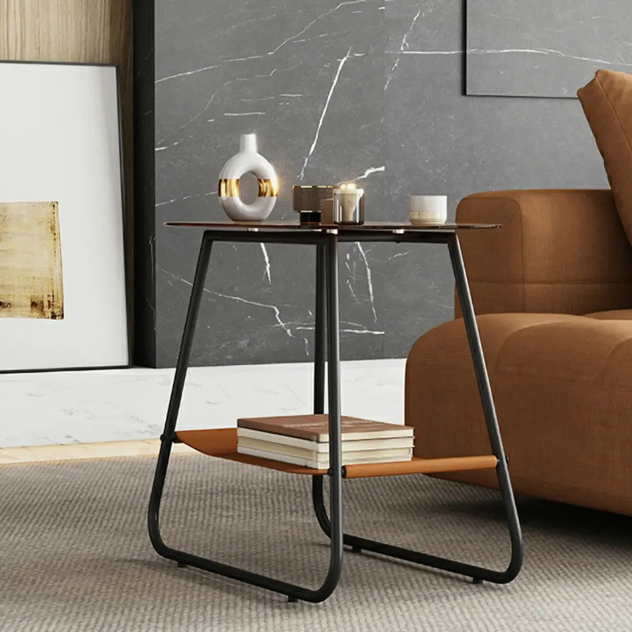 Brown Glass Top Oval Metal Frame Storage Side Table