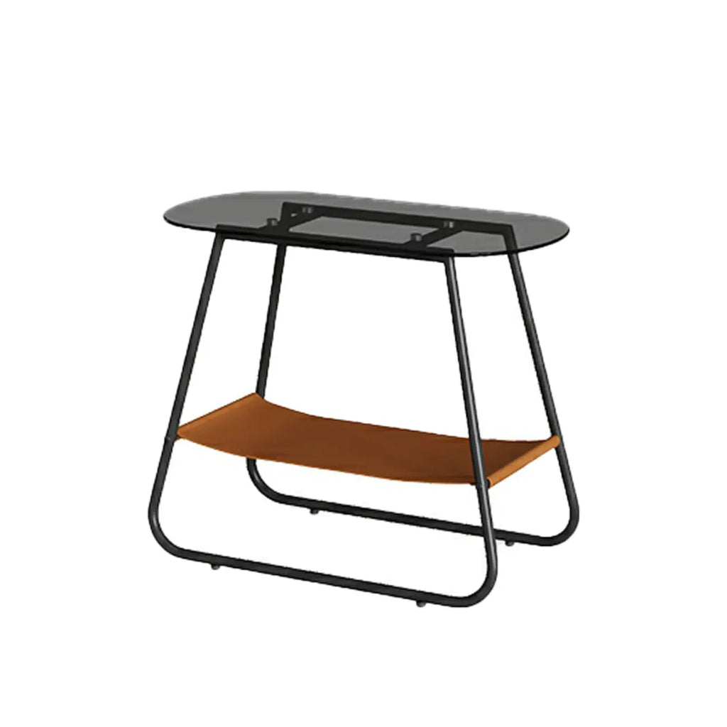 Brown Glass Top Oval Metal Frame Storage Side Table