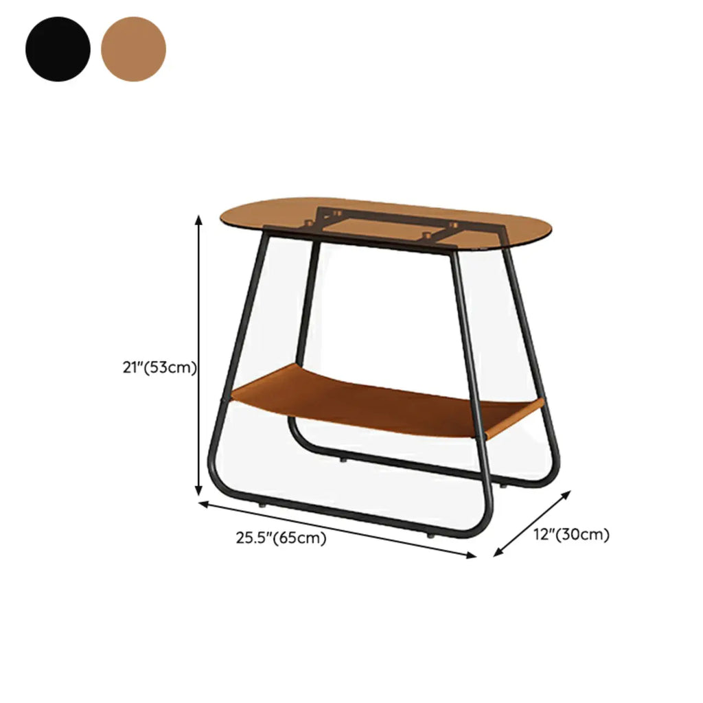 Brown Glass Top Oval Metal Frame Storage Side Table