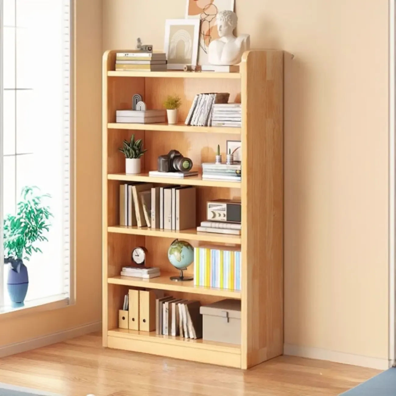 Durable Brown Wooden Vertical Open Storage 5-Shelf Bookcase