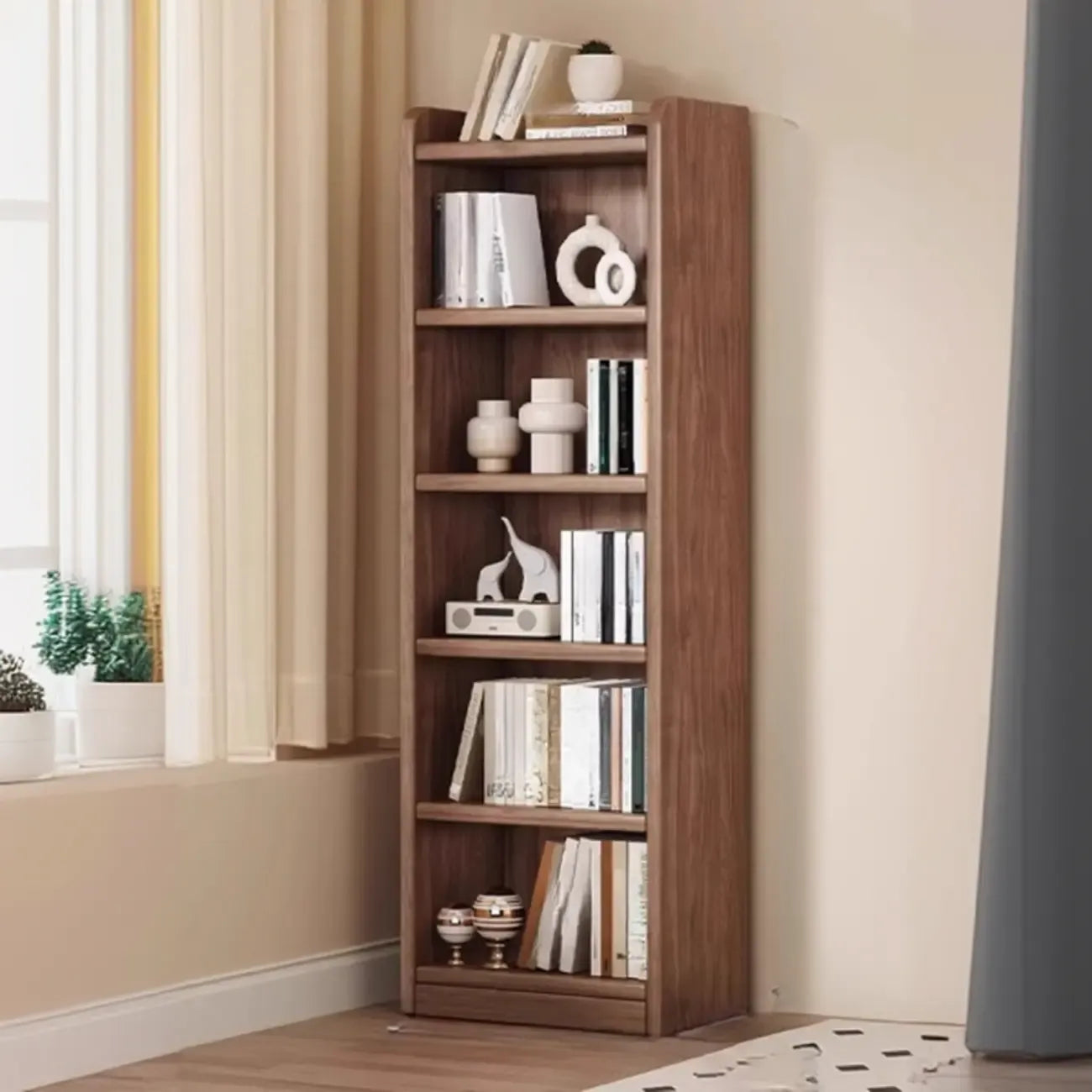 Durable Brown Wooden Vertical Open Storage 5-Shelf Bookcase