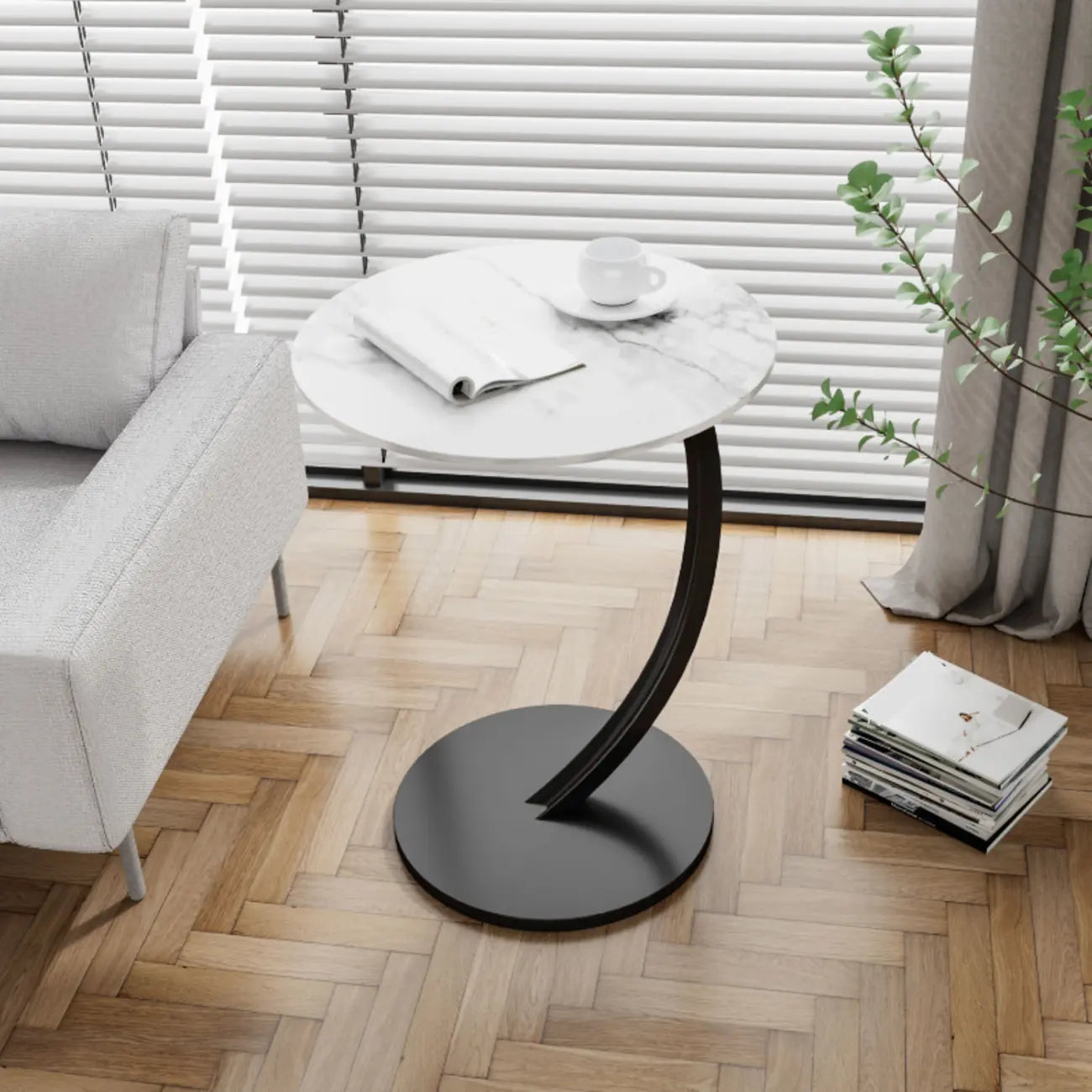 Modern Wood Round Top Triangular Silver Side Table