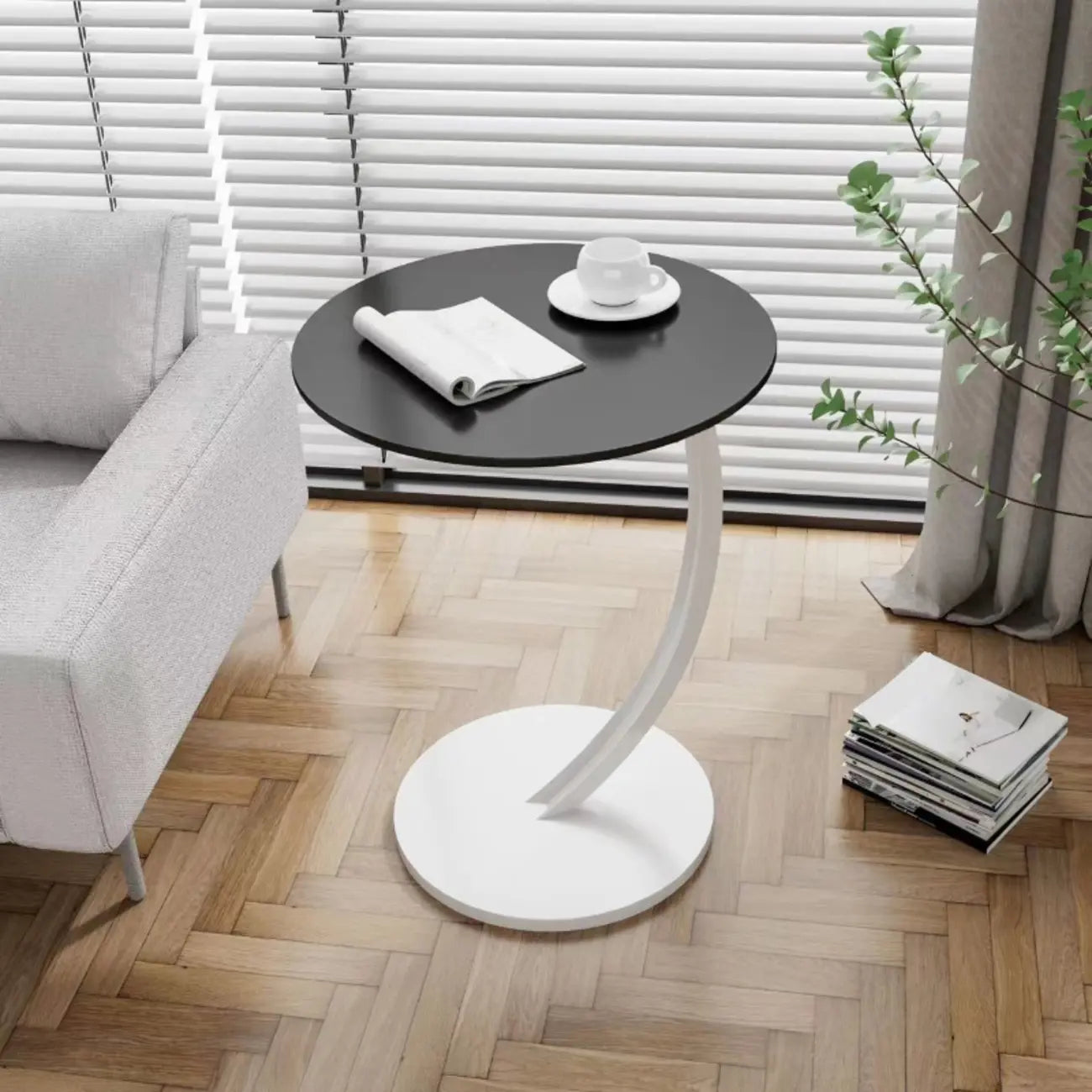 Modern Wood Round Top Triangular Silver Side Table